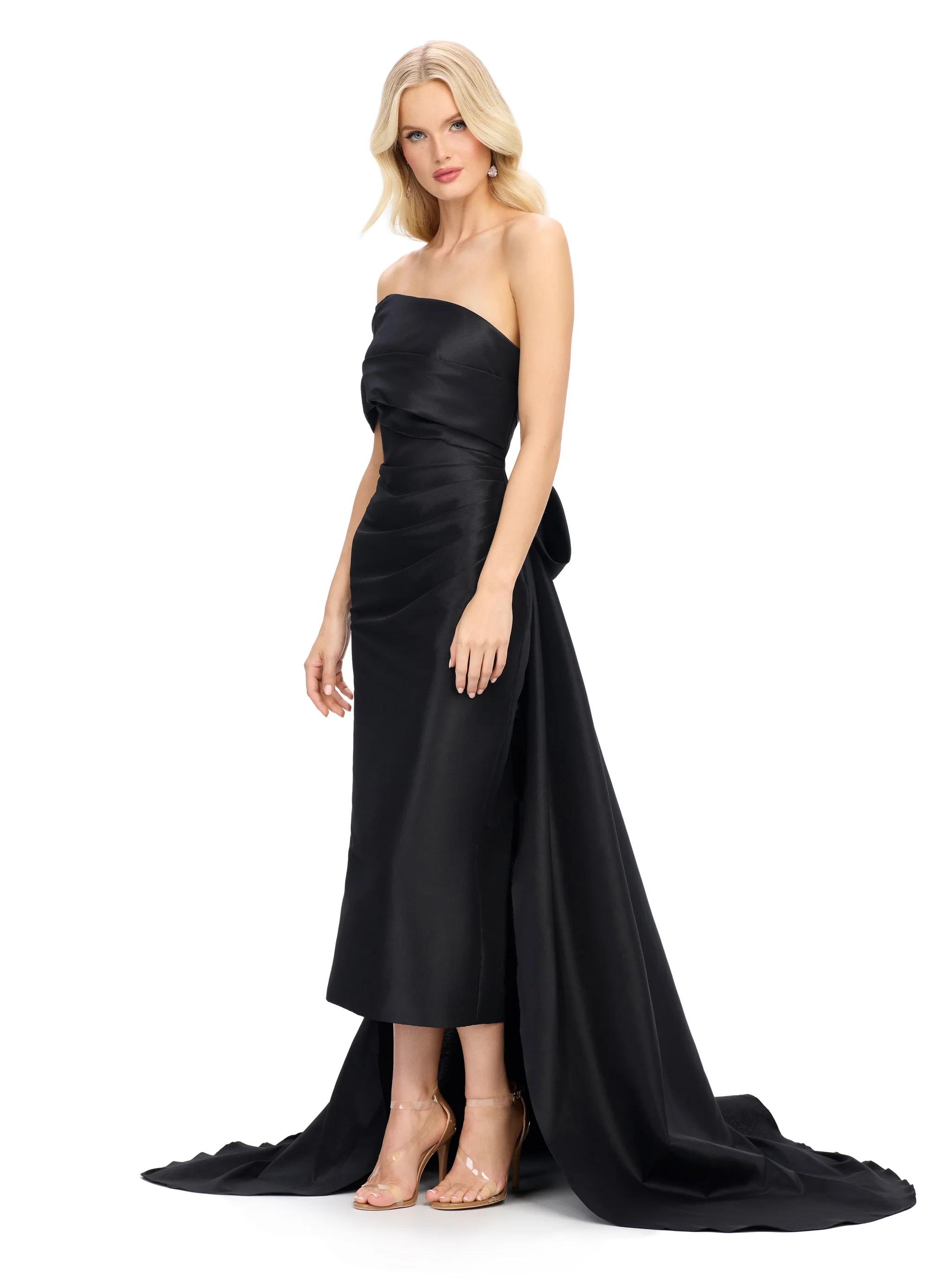 Ashley Lauren 11727 One Shoulder Evening Gown Wrap Strap Sheath Dress with Half Bow Leading to Overskirt with Train - Image 3