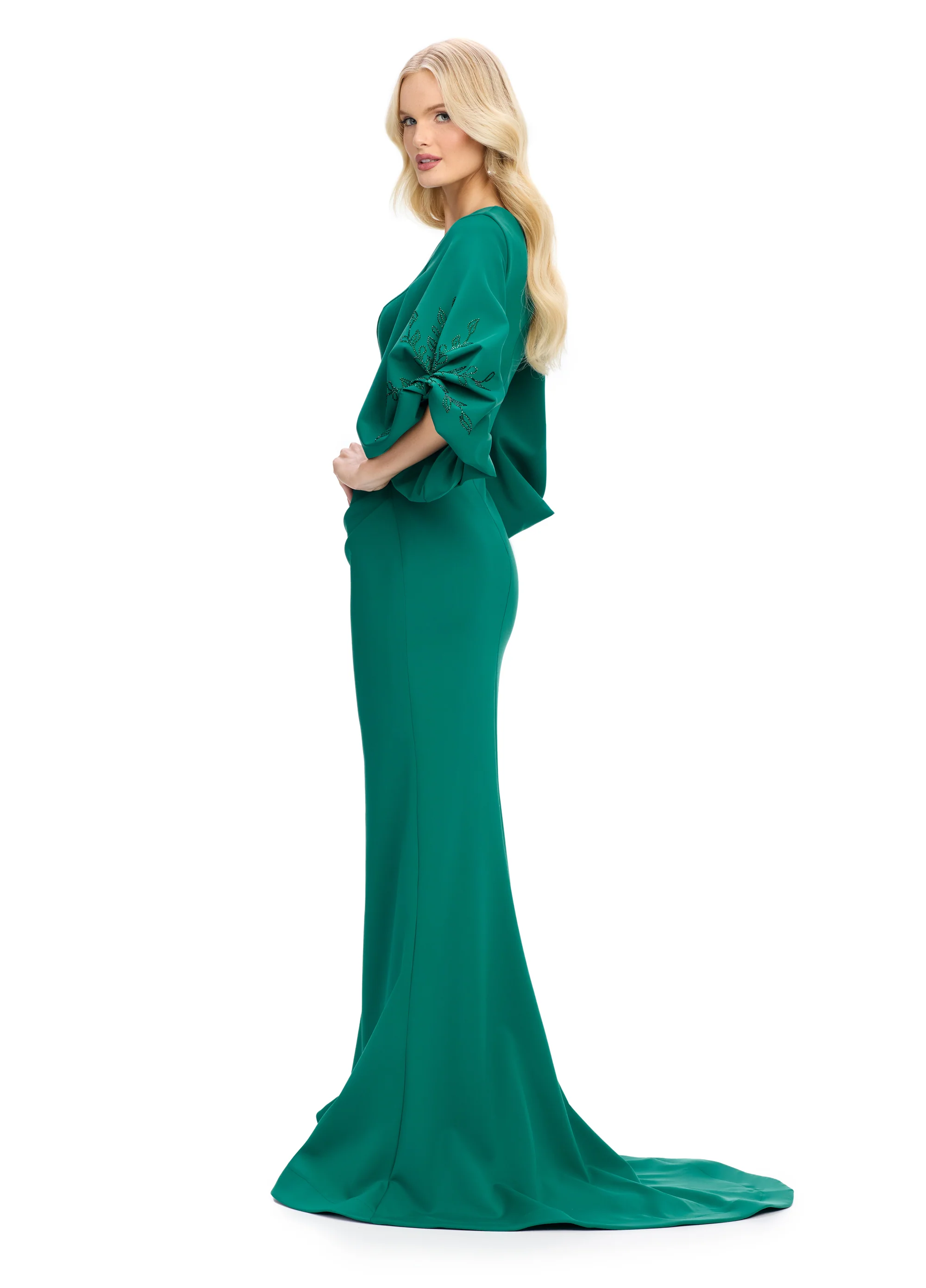 Ashley Lauren 11740 Long Gathered Sleeves Evening Gown Scuba belted waistline - Image 10