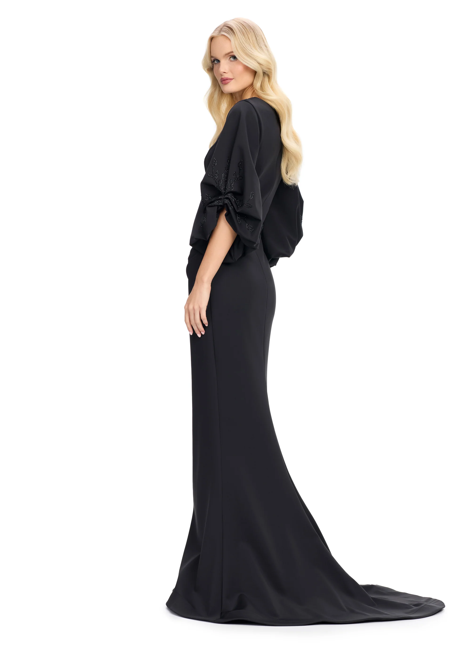 Ashley Lauren 11740 Long Gathered Sleeves Evening Gown Scuba belted waistline - Image 11