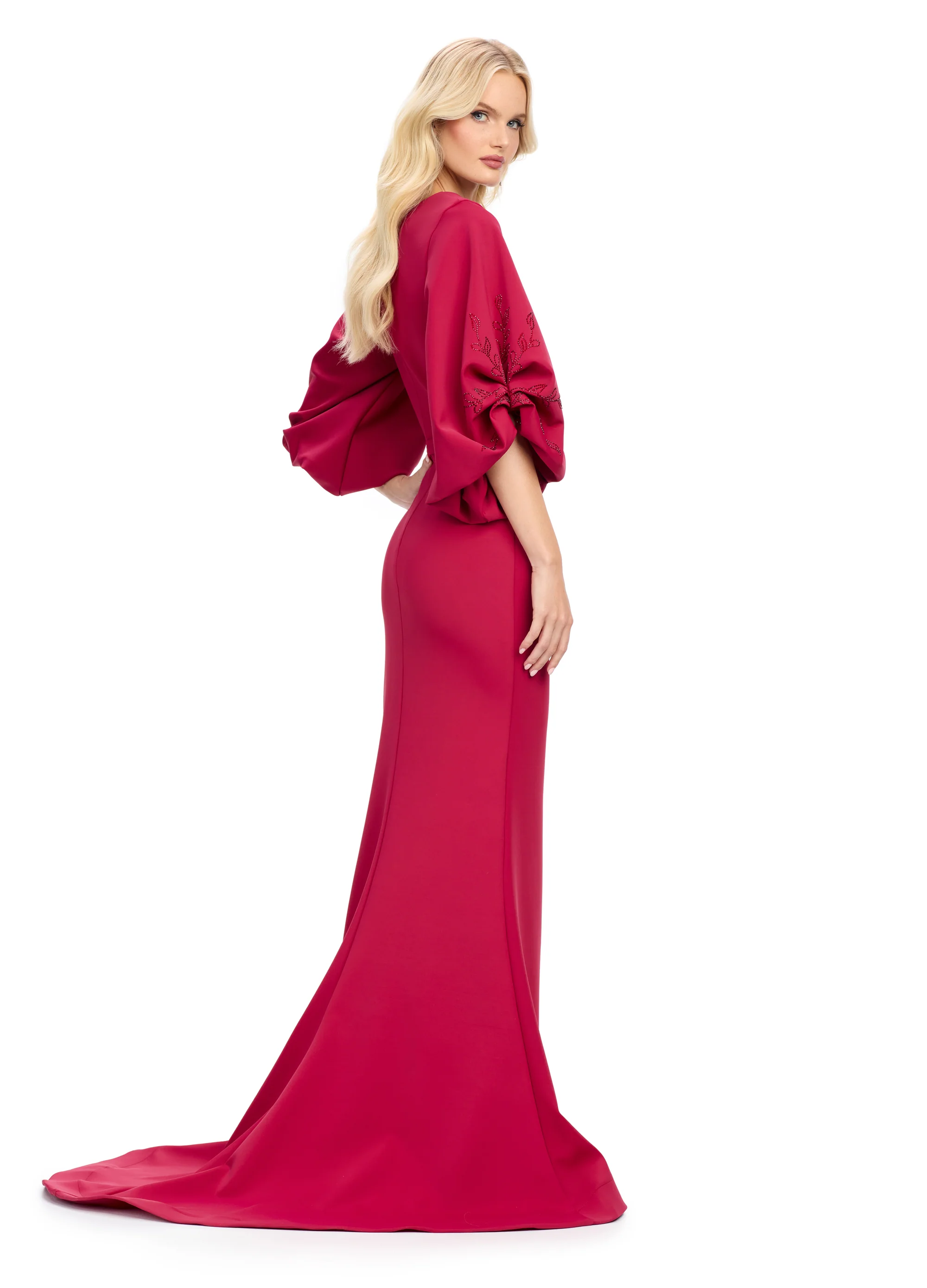 Ashley Lauren 11740 Long Gathered Sleeves Evening Gown Scuba belted waistline - Image 2