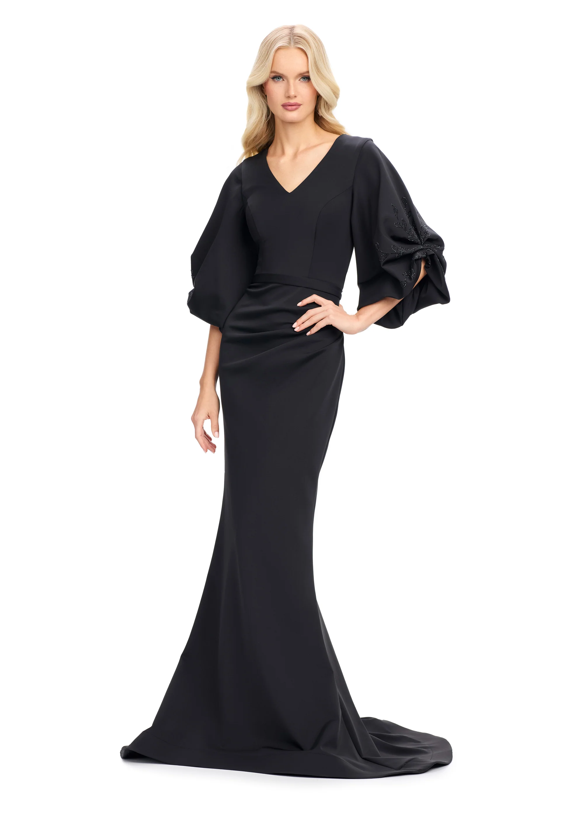 Ashley Lauren 11740 Long Gathered Sleeves Evening Gown Scuba belted waistline - Image 3
