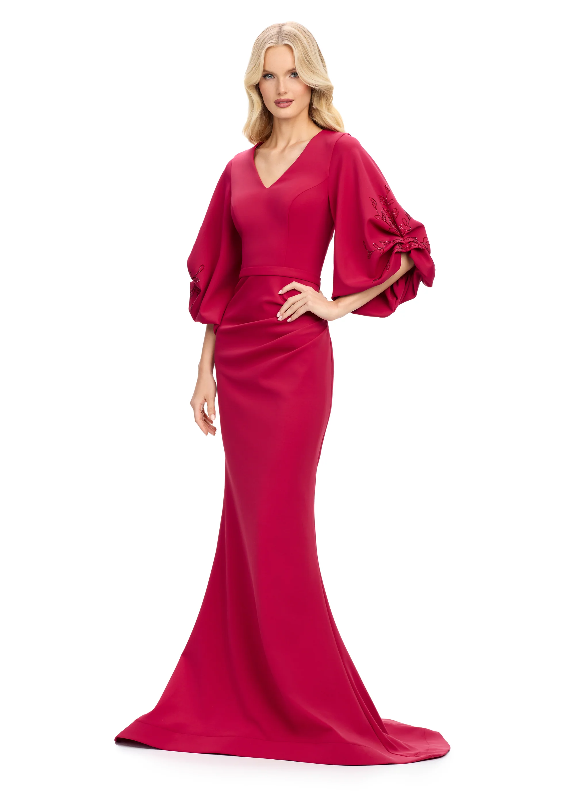Ashley Lauren 11740 Long Gathered Sleeves Evening Gown Scuba belted waistline - Image 4