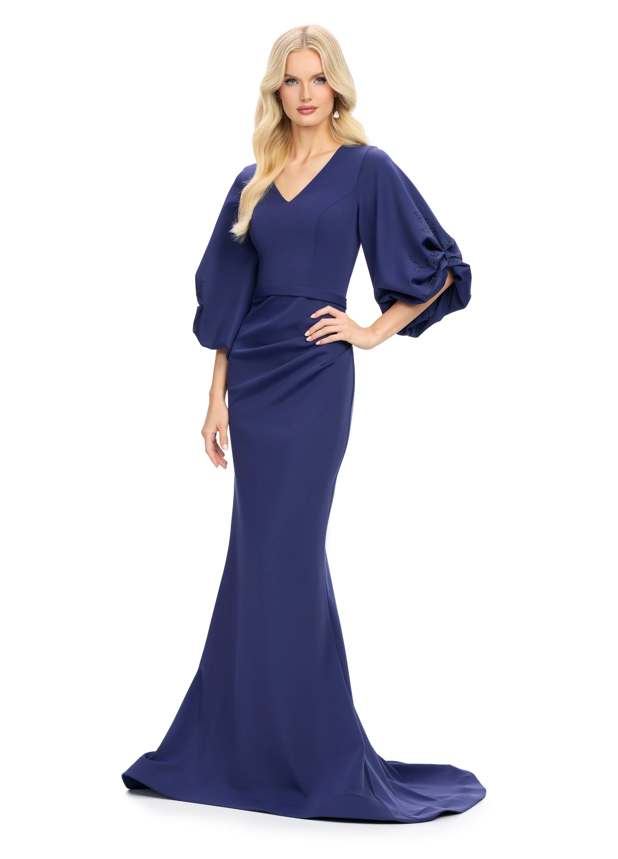 Ashley Lauren 11740 Long Gathered Sleeves Evening Gown Scuba belted waistline - Image 5