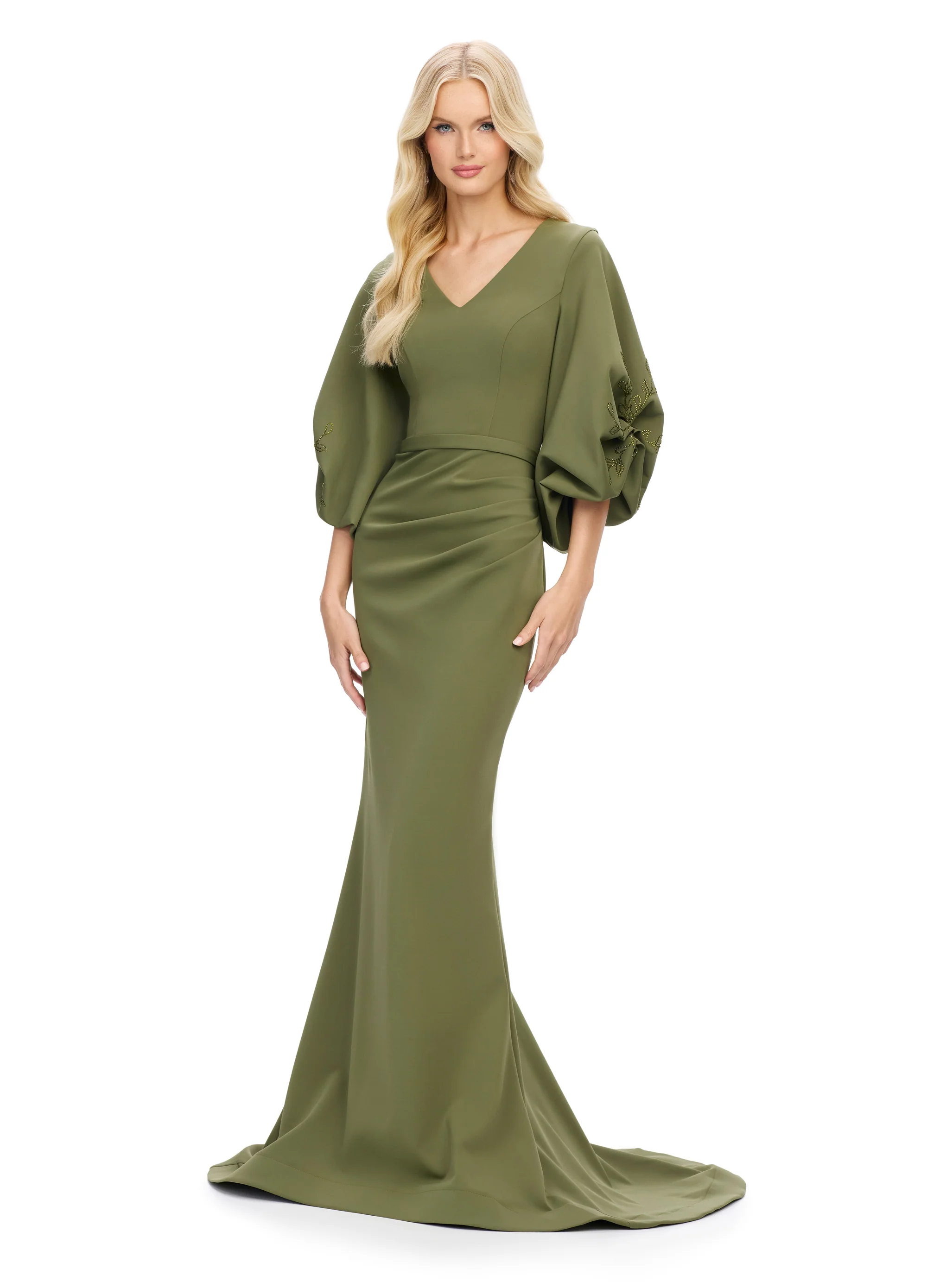 Ashley Lauren 11740 Long Gathered Sleeves Evening Gown Scuba belted waistline - Image 6