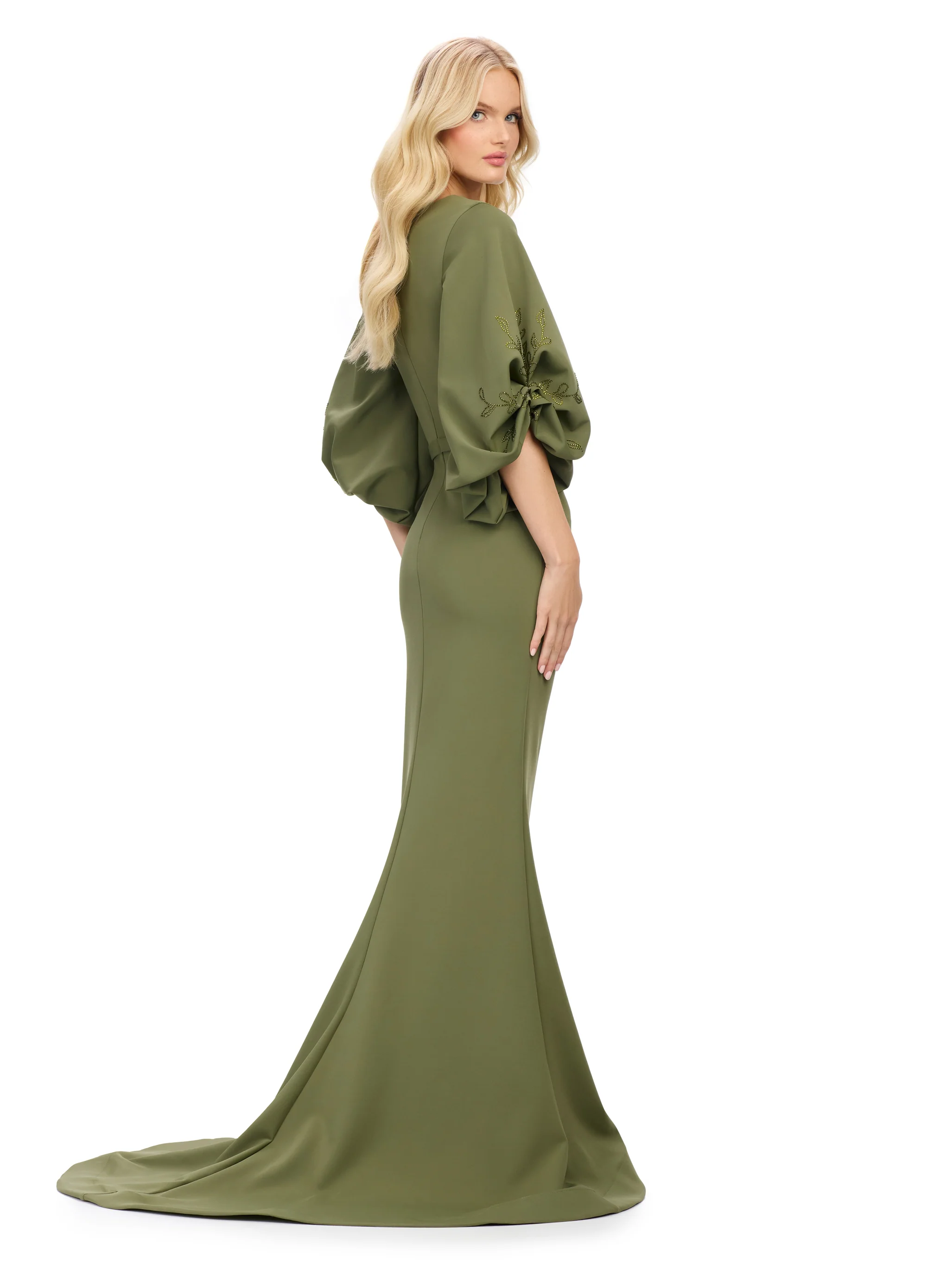 Ashley Lauren 11740 Long Gathered Sleeves Evening Gown Scuba belted waistline - Image 7