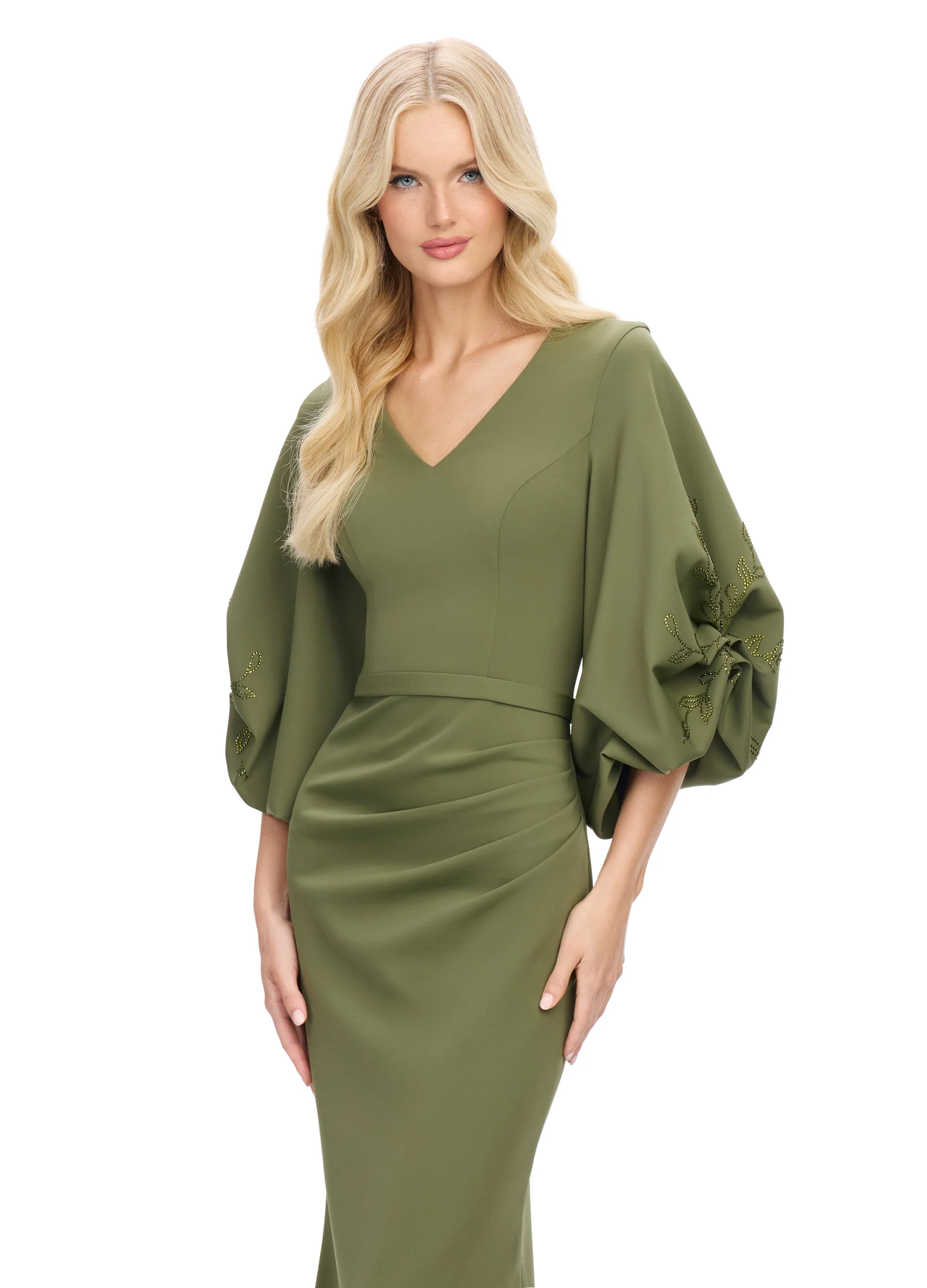 Ashley Lauren 11740 Long Gathered Sleeves Evening Gown Scuba belted waistline - Image 8