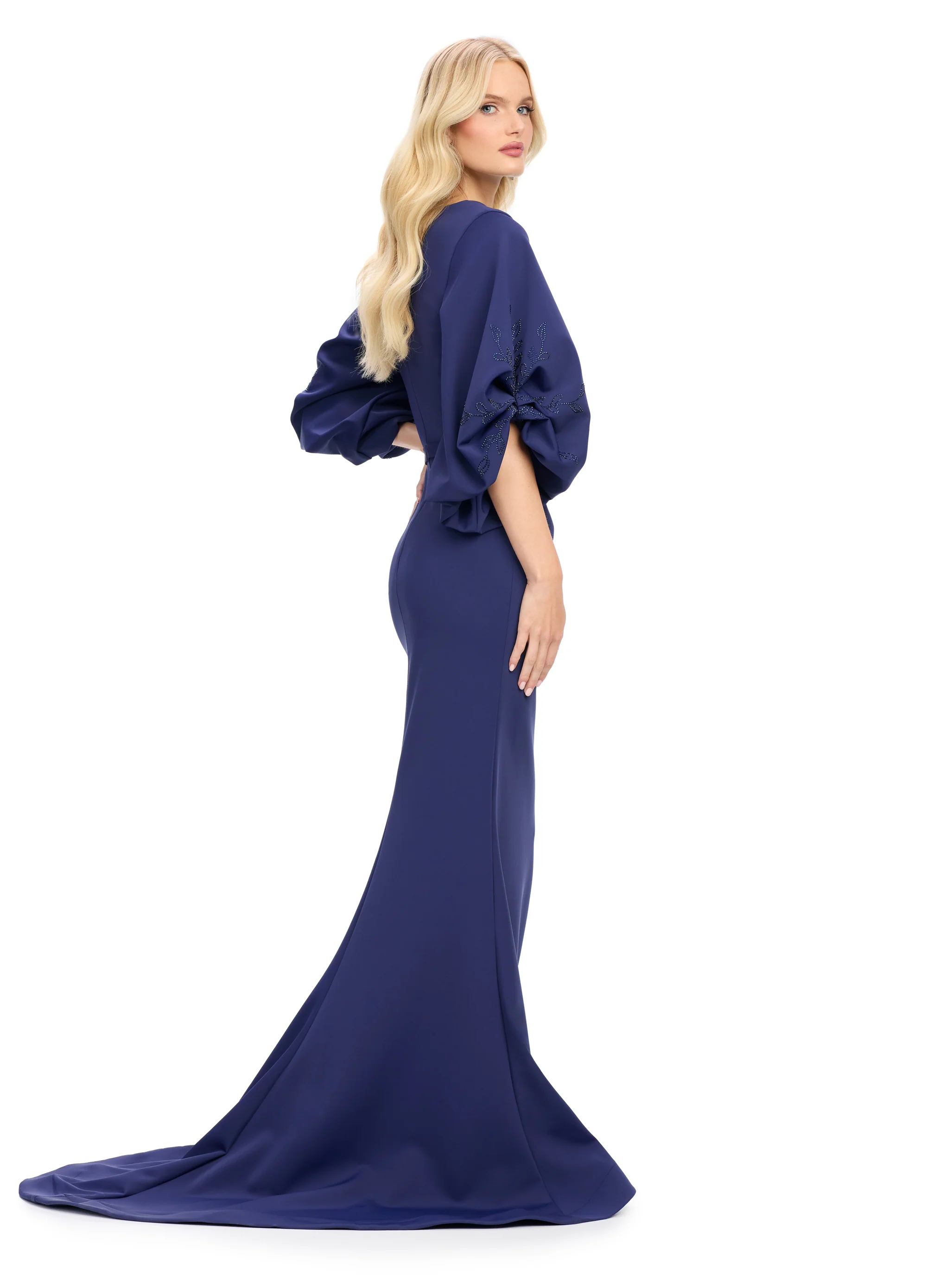 Ashley Lauren 11740 Long Gathered Sleeves Evening Gown Scuba belted waistline - Image 9