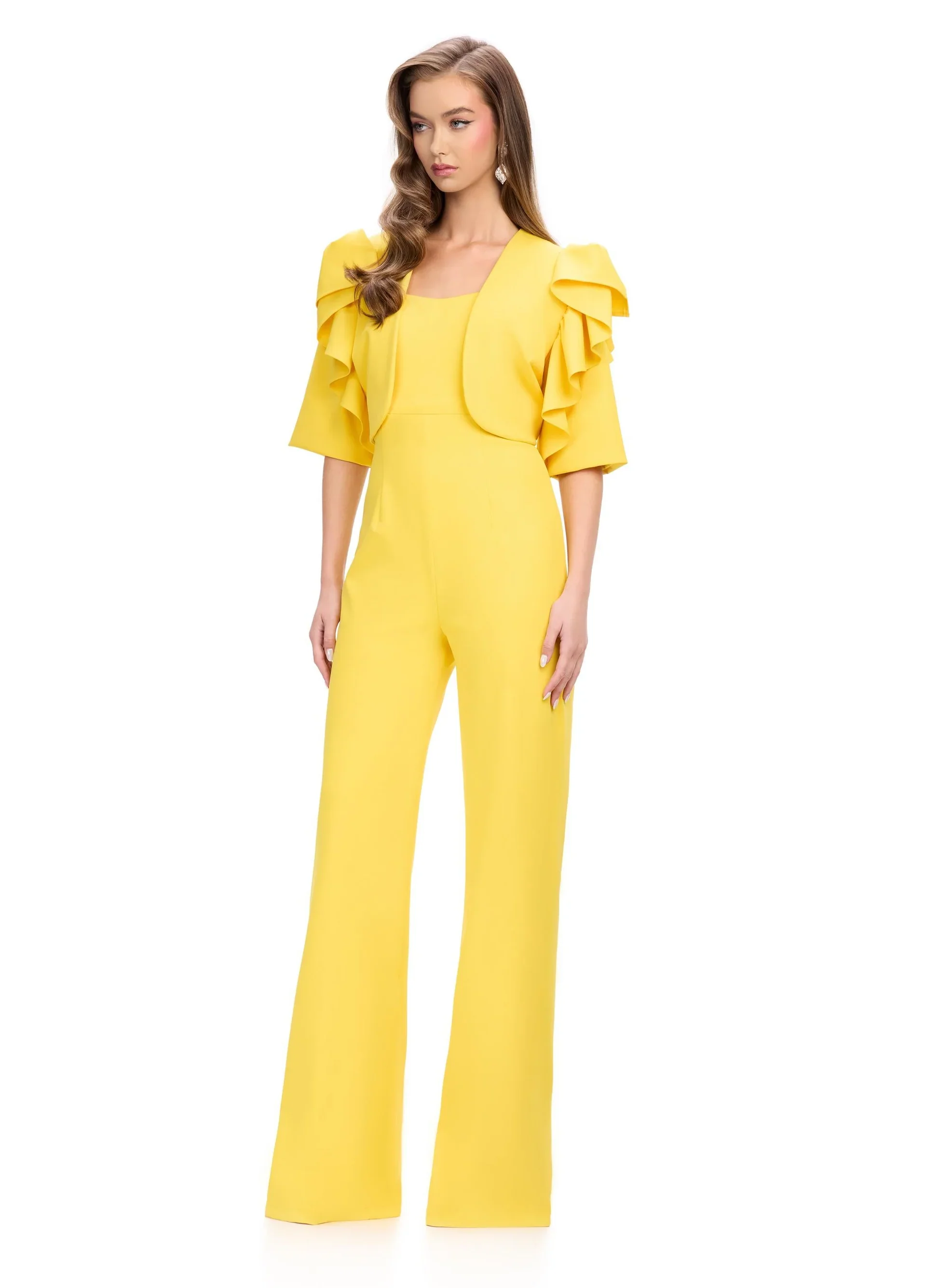Ashley Lauren 11760 Scuba Jumpsuit with Jacket Ruffle Sleeves Wide Pants Legs - Image 4