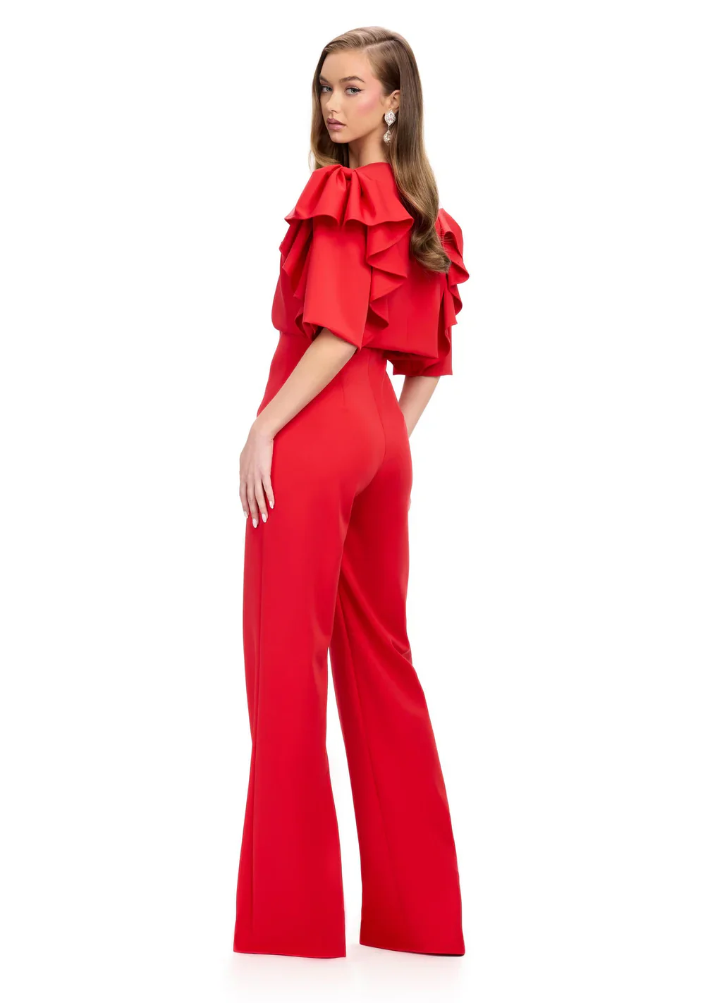 Ashley Lauren 11760 Scuba Jumpsuit with Jacket Ruffle Sleeves Wide Pants Legs - Image 5