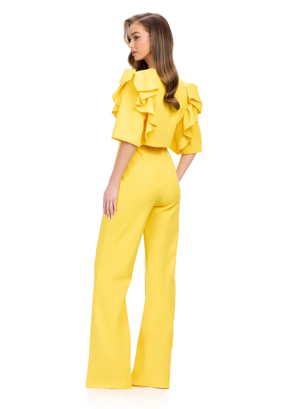 Ashley Lauren 11760 Scuba Jumpsuit with Jacket Ruffle Sleeves Wide Pants Legs - Image 6
