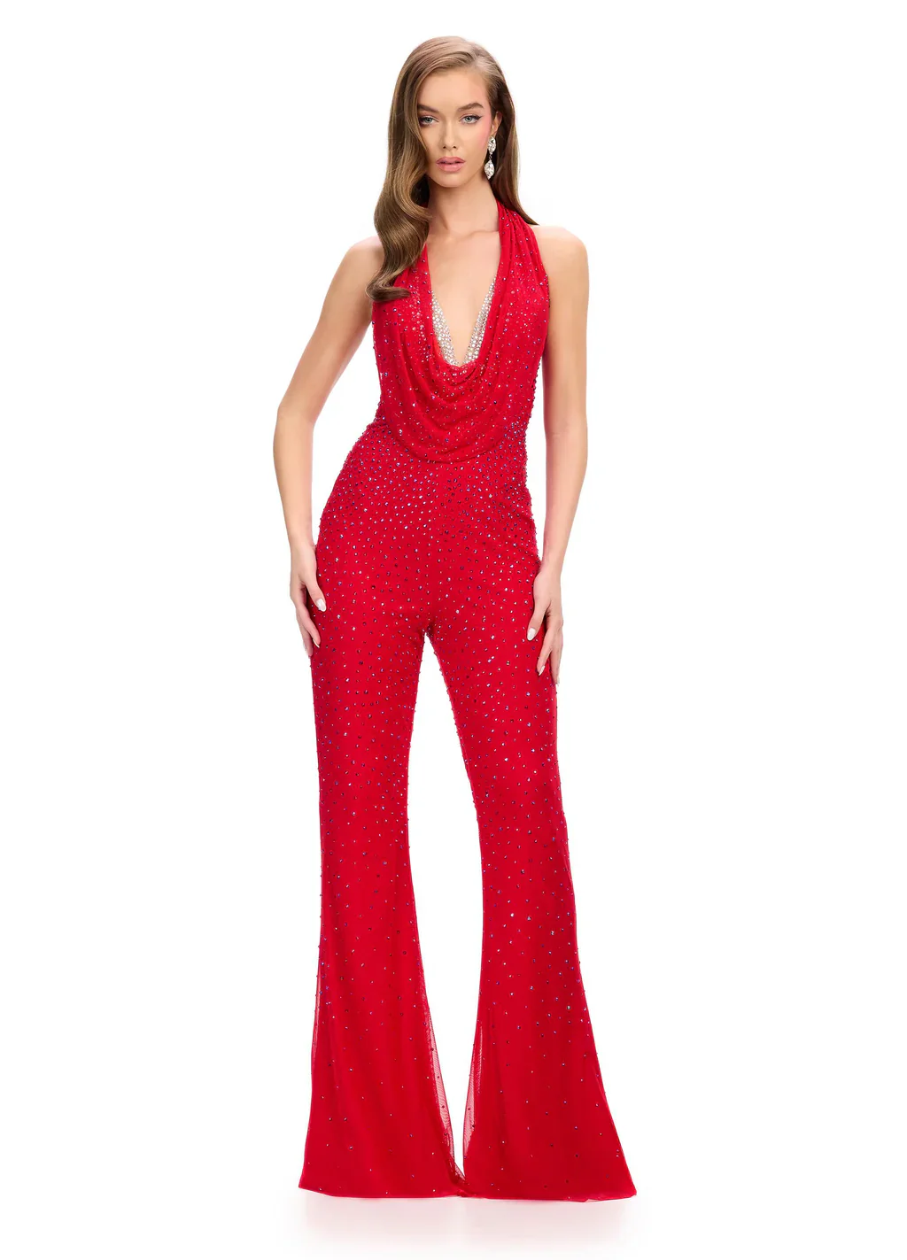 Ashley Lauren 11775 Halter Neckline Jumpsuit Embellished Plunging Neckline with Cowl overlay - Image 2