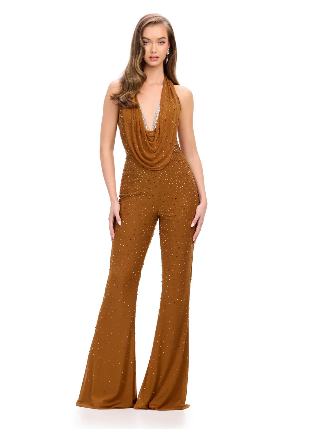 Ashley Lauren 11775 Halter Neckline Jumpsuit Embellished Plunging Neckline with Cowl overlay - Image 6