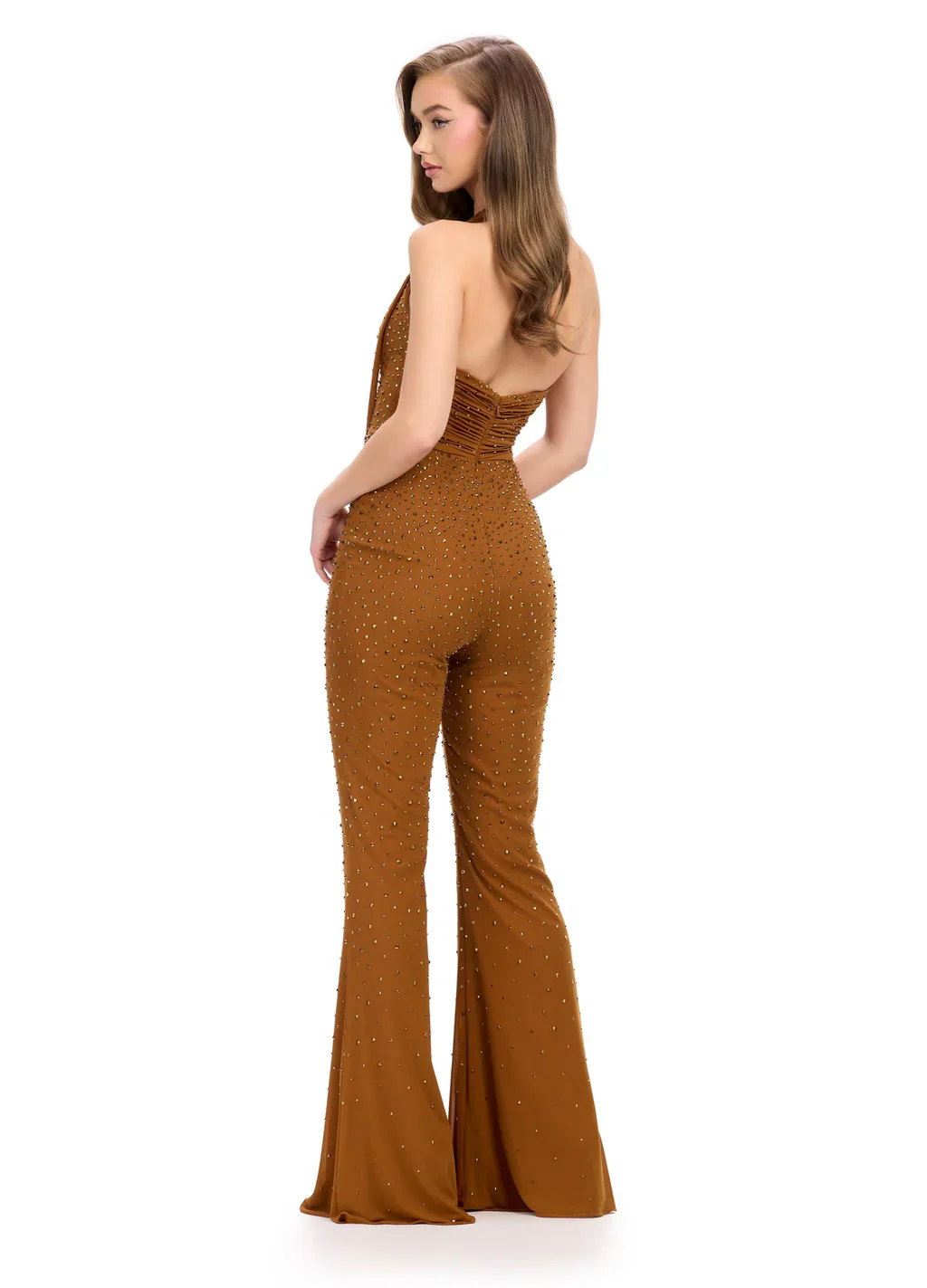 Ashley Lauren 11775 Halter Neckline Jumpsuit Embellished Plunging Neckline with Cowl overlay - Image 8