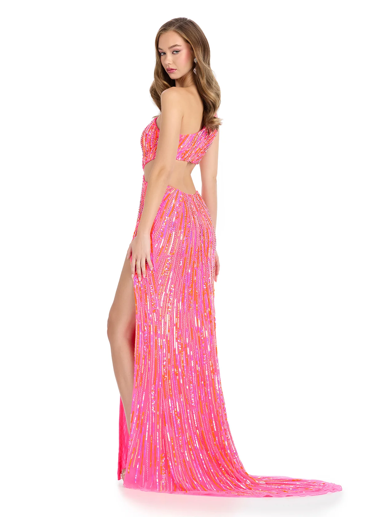 Ashley Lauren 11789 Sequin One Shoulder Sequin Cut out Prom Dress slit Formal Evening Gown - Image 6