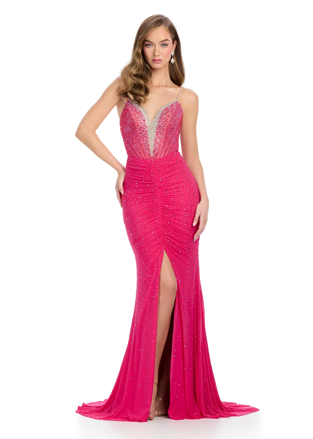 Ashley Lauren 11855 Crystal V Neckline Prom Dress Center Slit Corset Ruching Train - Image 4