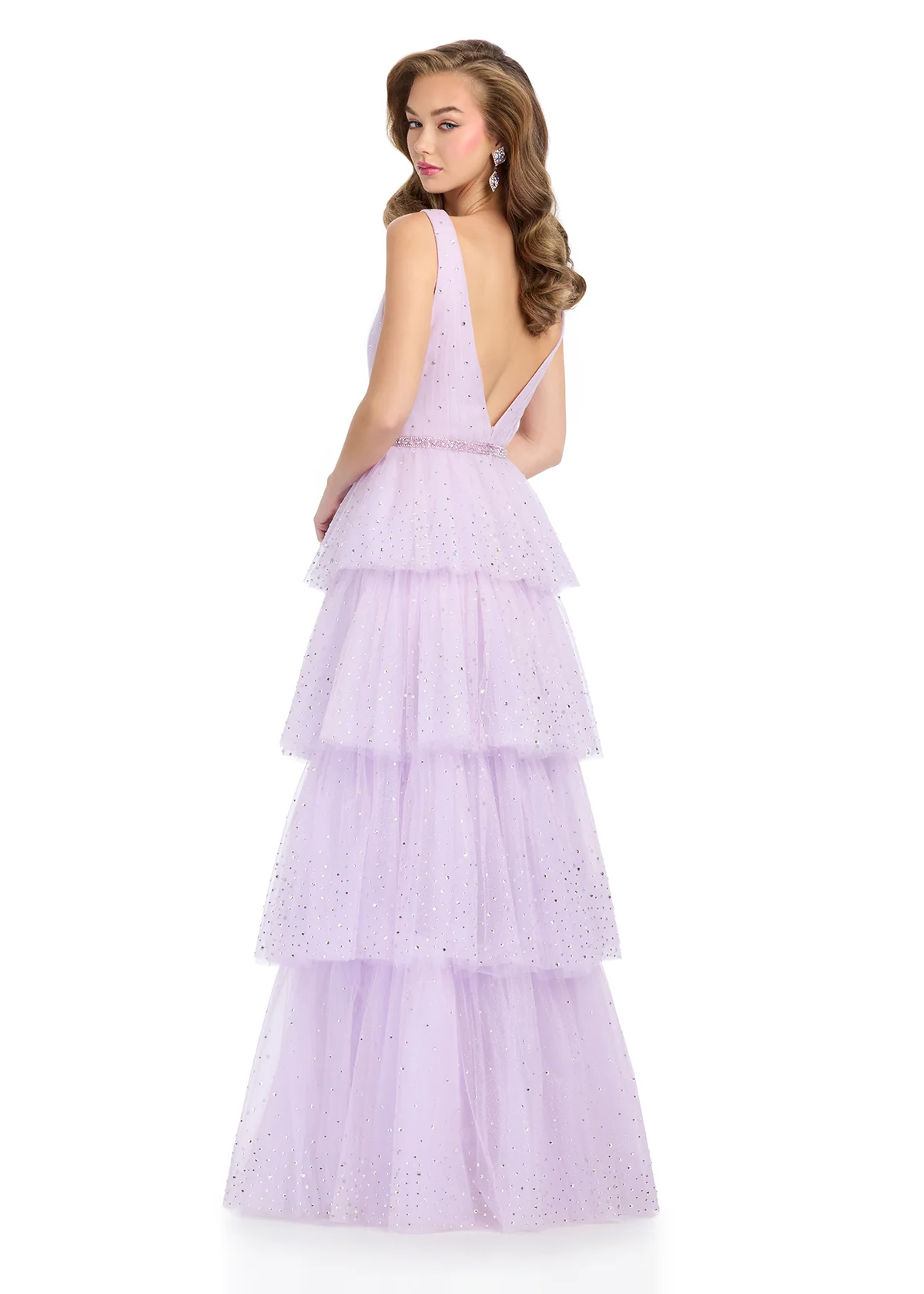 Ashley Lauren 11894 Shimmer Layer Bow Prom Dress V Neck Crystal Formal Gown A Line - Image 3