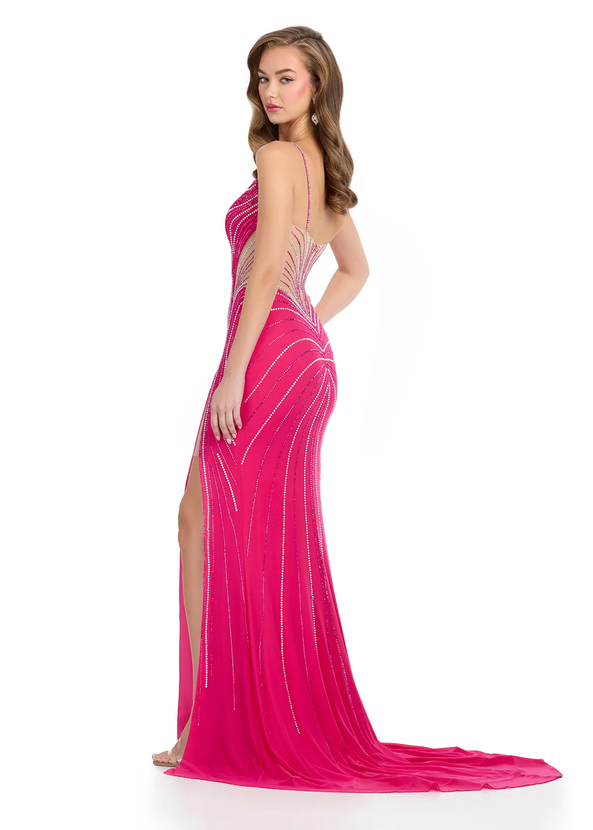 Ashley Lauren 11902 Size 00 Fuchsia Long Sheer Fitted Crystal Prom Dress Slit V Neck Pageant Gown Formal - Image 2