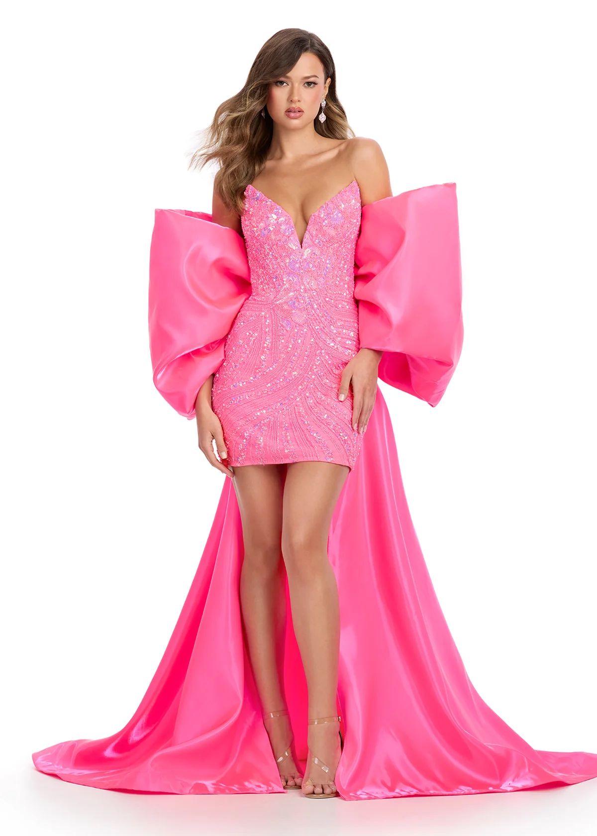 Ashley Lauren 12007 Oversize Bow Cape off the Shoulder Satin Shimmer Formal Accessory - Image 2
