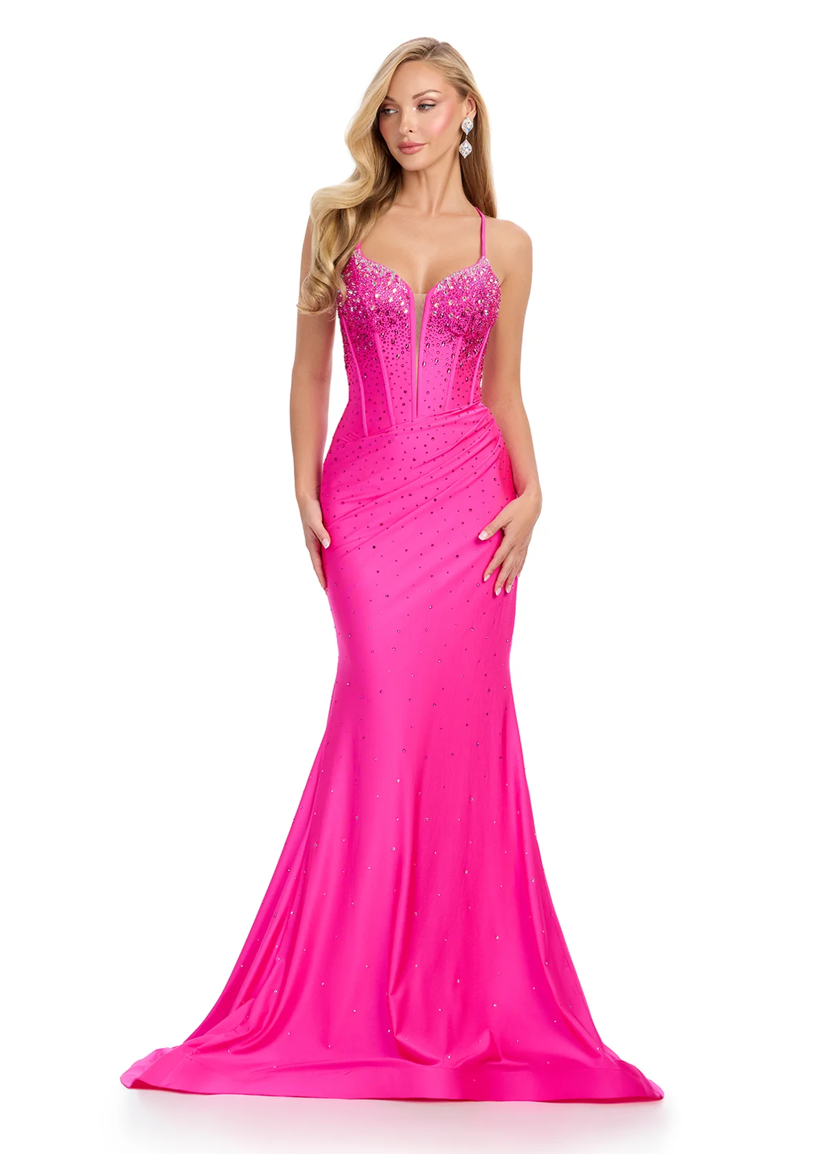 Ashley Lauren 12028 Corset Prom Dress Lycra Fit and Flare Asymmetric Waistline Hot Stones - Image 2