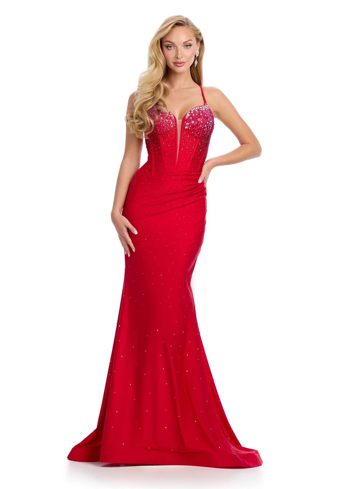 Ashley Lauren 12028 Corset Prom Dress Lycra Fit and Flare Asymmetric Waistline Hot Stones - Image 6