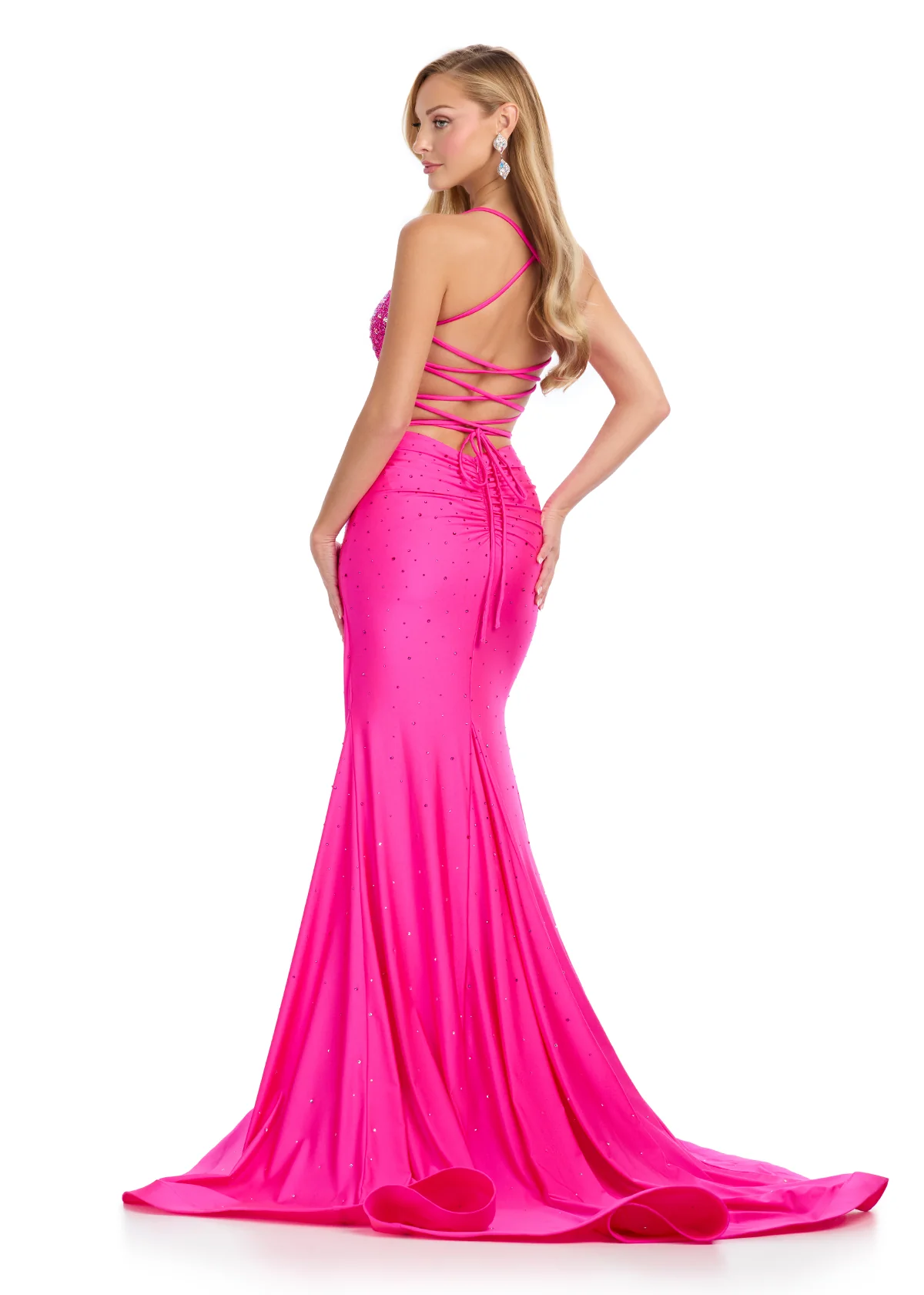 Ashley Lauren 12028 Corset Prom Dress Lycra Fit and Flare Asymmetric Waistline Hot Stones - Image 7