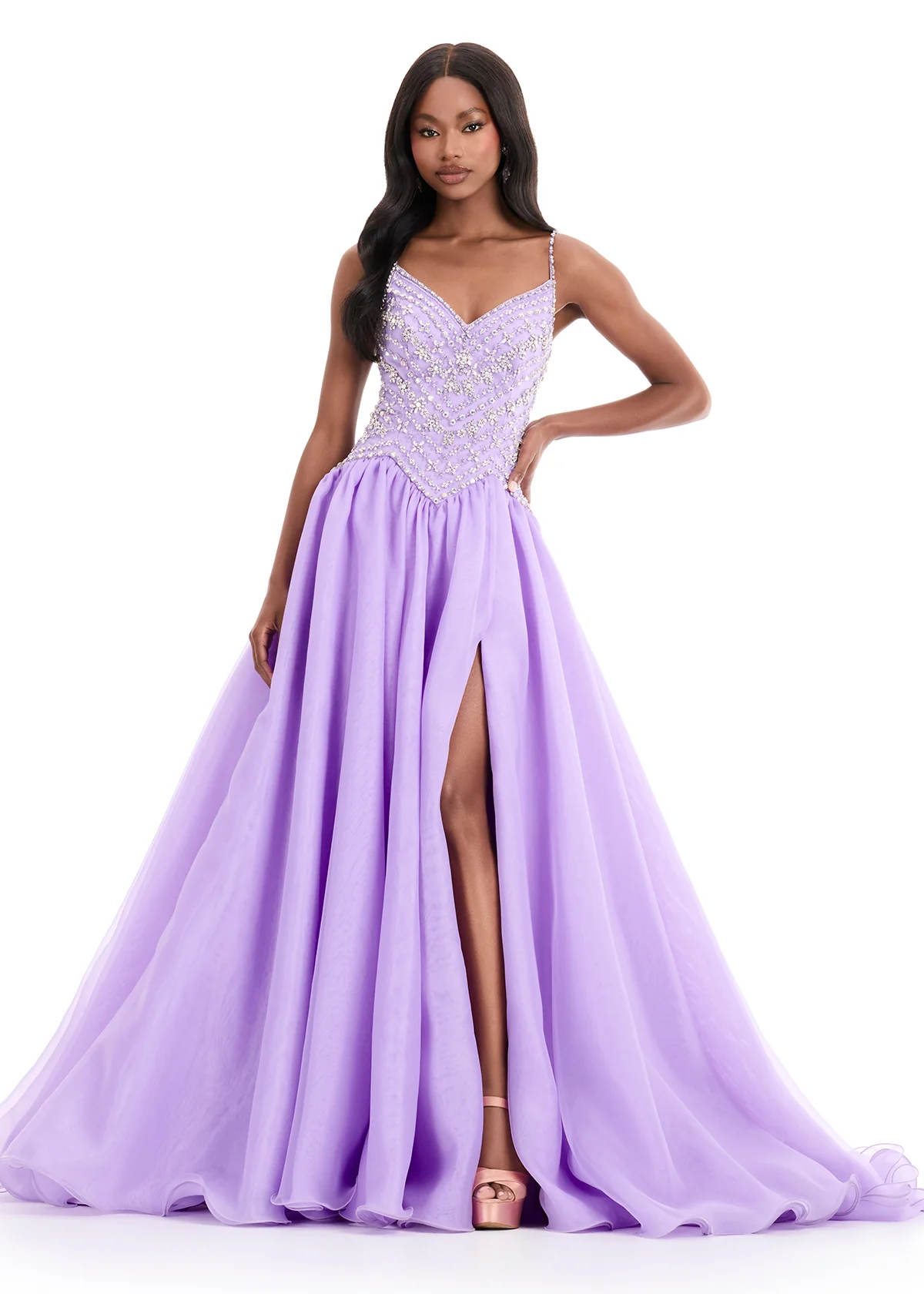 Ashley Lauren 12047 Organza Ballgown Fitted Crystal Bodice Flowy Skirt Train