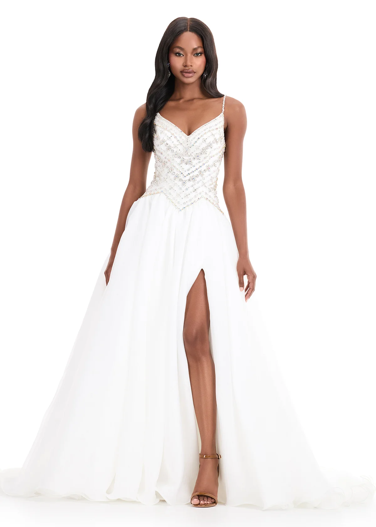 Ashley Lauren 12047 Organza Ballgown Fitted Crystal Bodice Flowy Skirt Train - Image 2