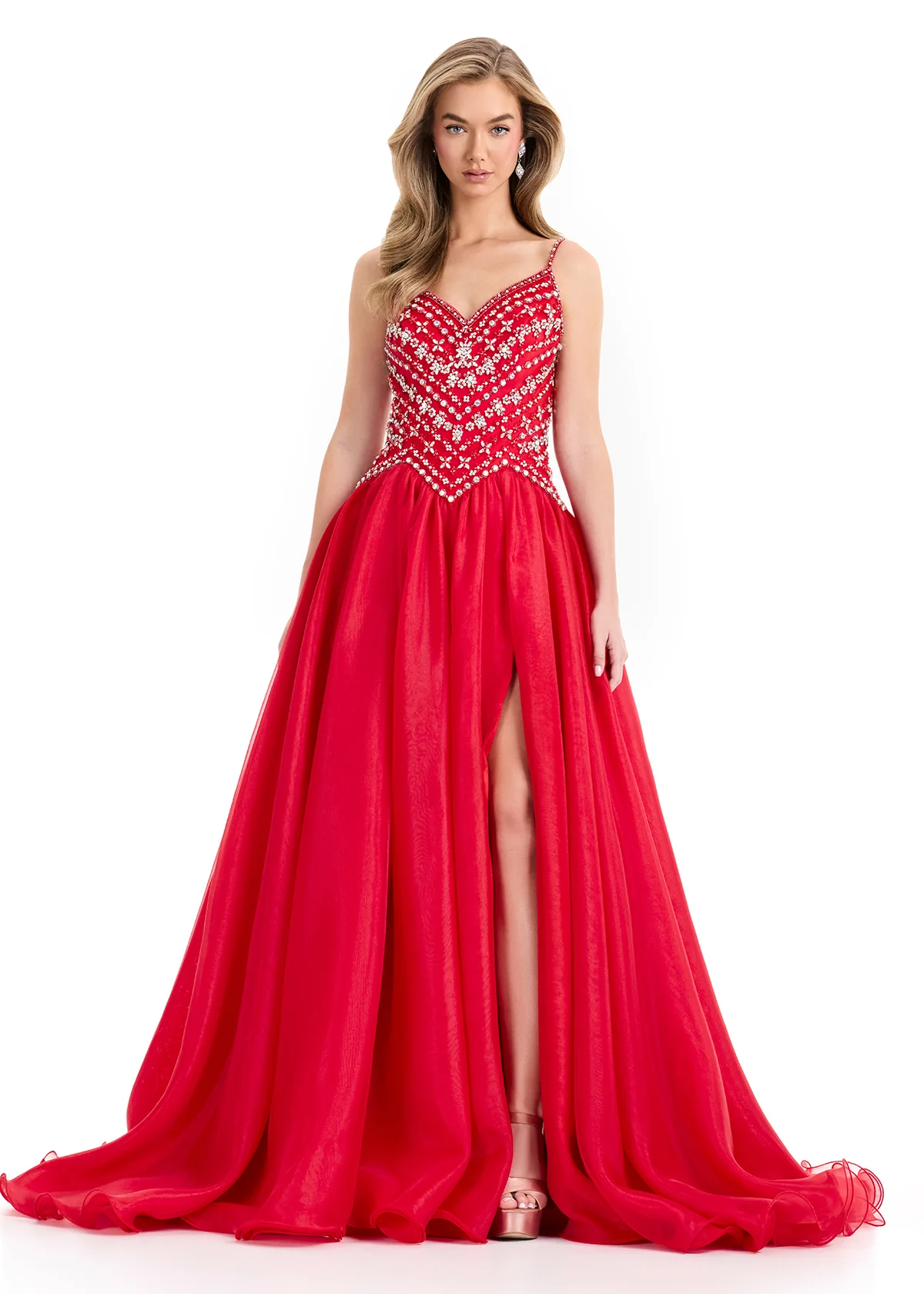 Ashley Lauren 12047 Organza Ballgown Fitted Crystal Bodice Flowy Skirt Train - Image 3