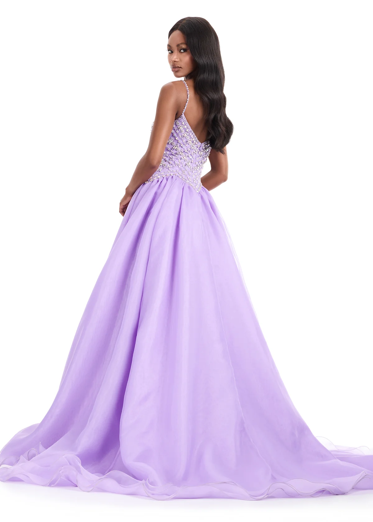 Ashley Lauren 12047 Organza Ballgown Fitted Crystal Bodice Flowy Skirt Train - Image 5
