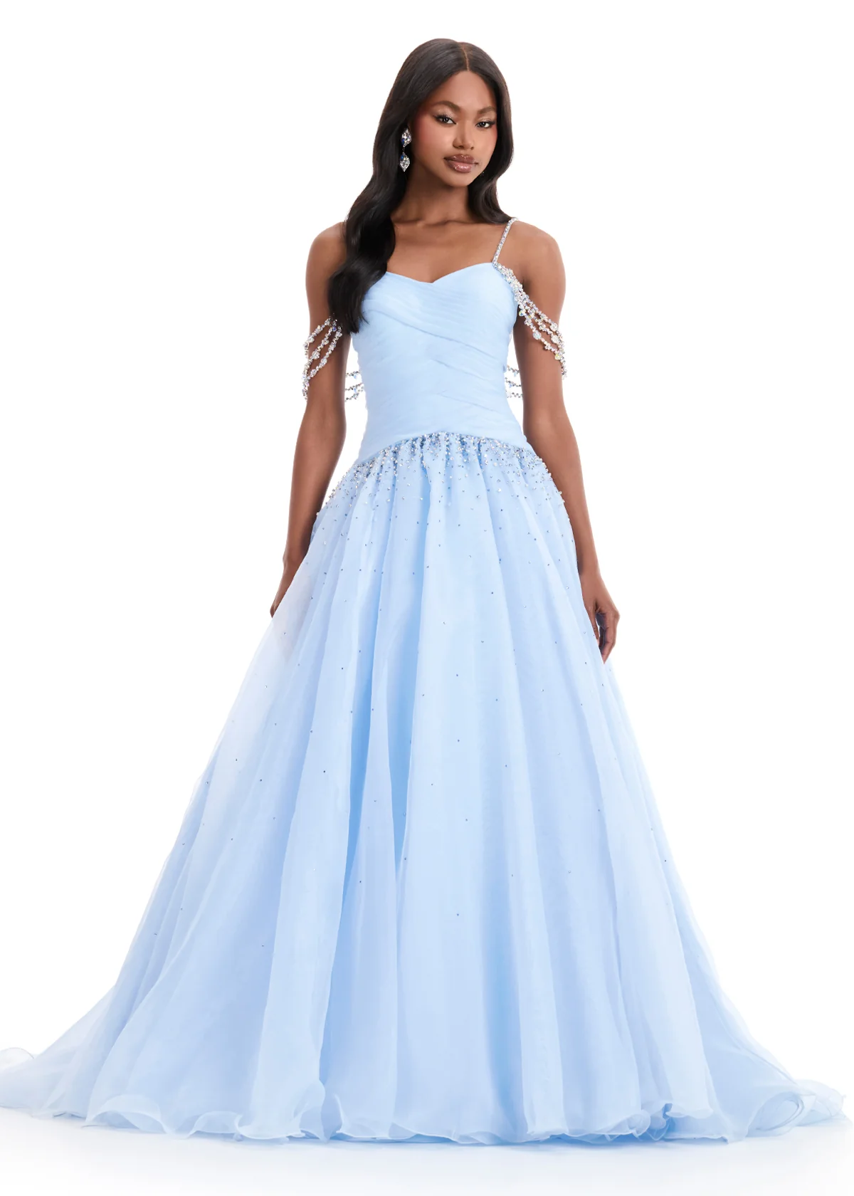 Ashley Lauren 12048 Organza Ballgown Ruched Bodice Crystal Waist Long Train