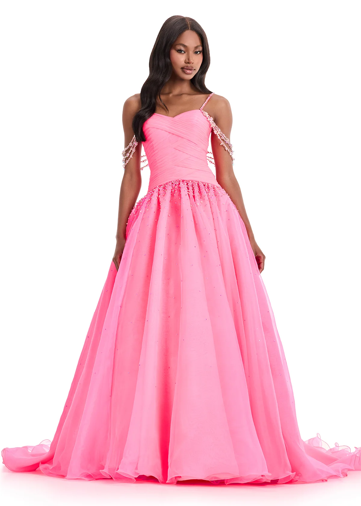 Ashley Lauren 12048 Organza Ballgown Ruched Bodice Crystal Waist Long Train - Image 2