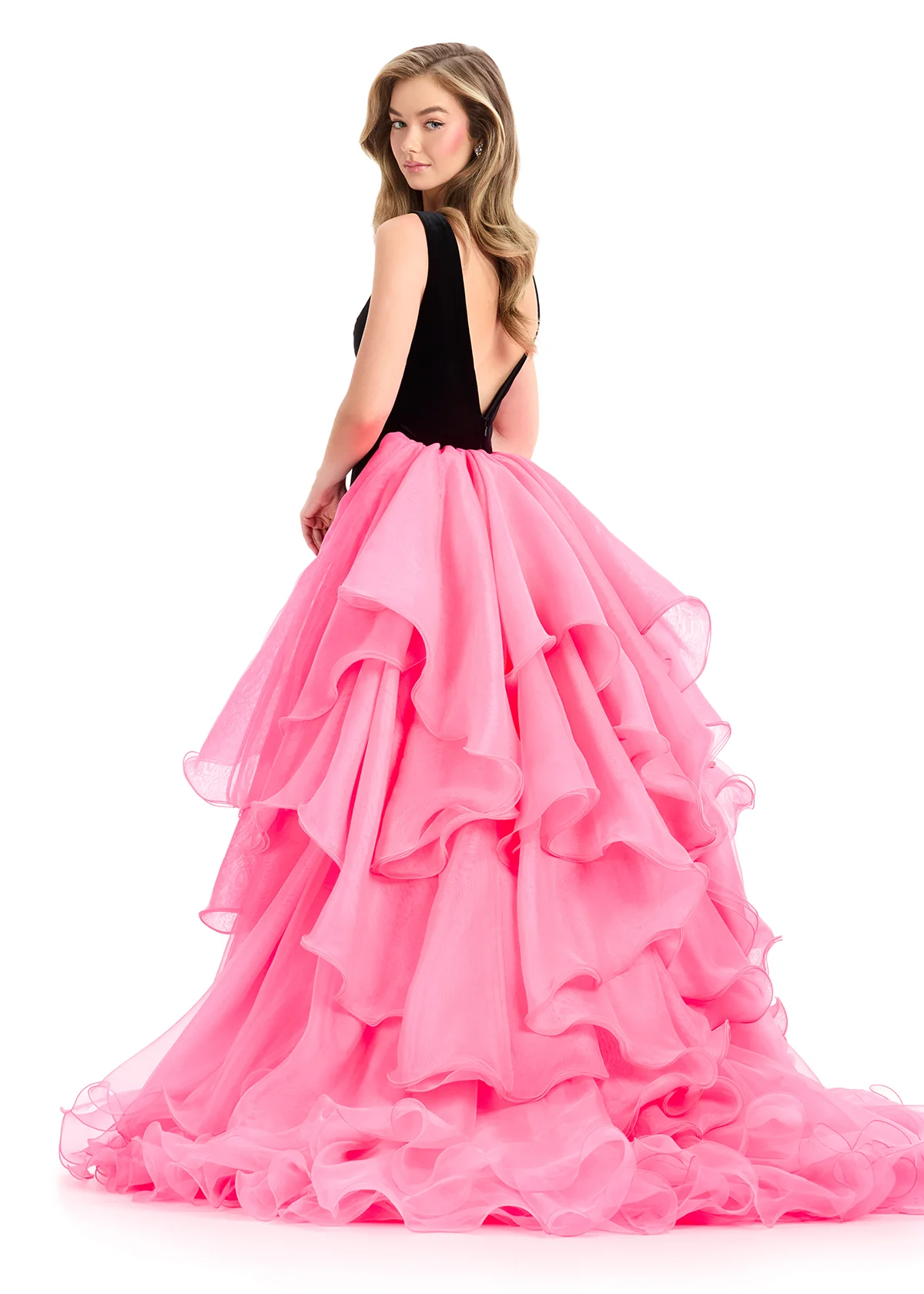 Ashley Lauren 12049 Velvet Sheath Dress Ruffle Layered Overskirt Train - Image 3
