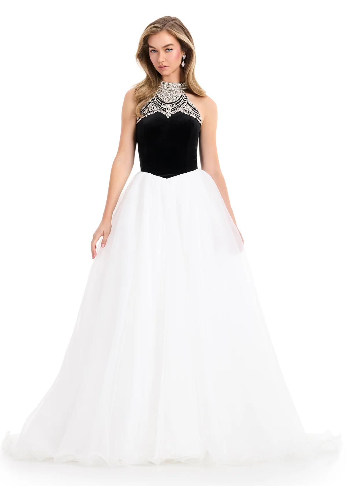 Ashley Lauren 12050 Velvet Halter Neck Ball Gown with Organza Skirt and Train - Image 2