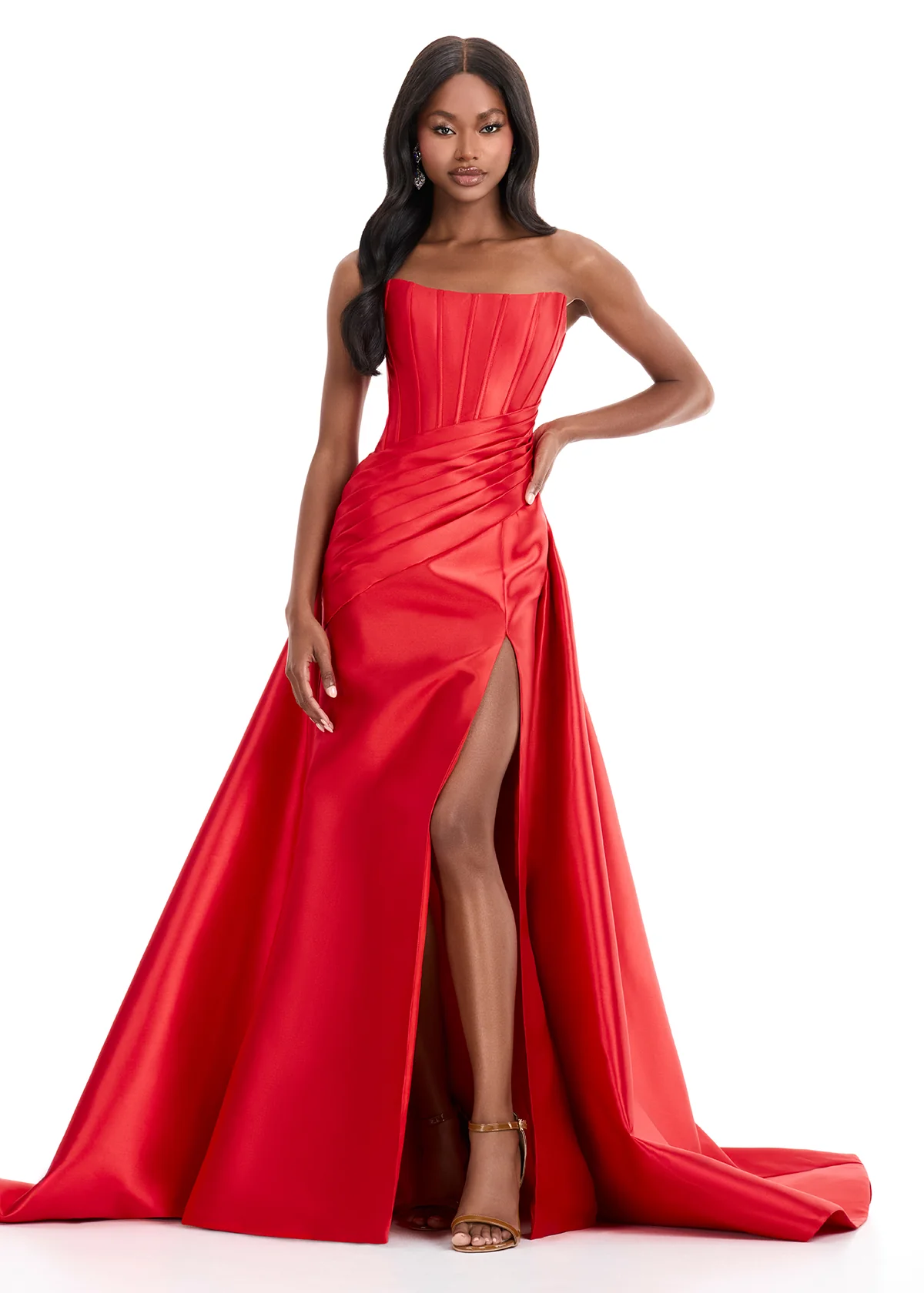 Ashley Lauren 12056 Corset Formal Dress Strapless Mikado Fit and Flare Overskirt Slit - Image 2