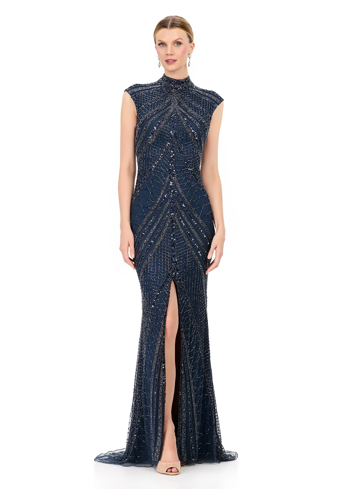 ASHLEYlauren 1624 Size 4 Black Evening Gown Center Slit Cap Sleeves