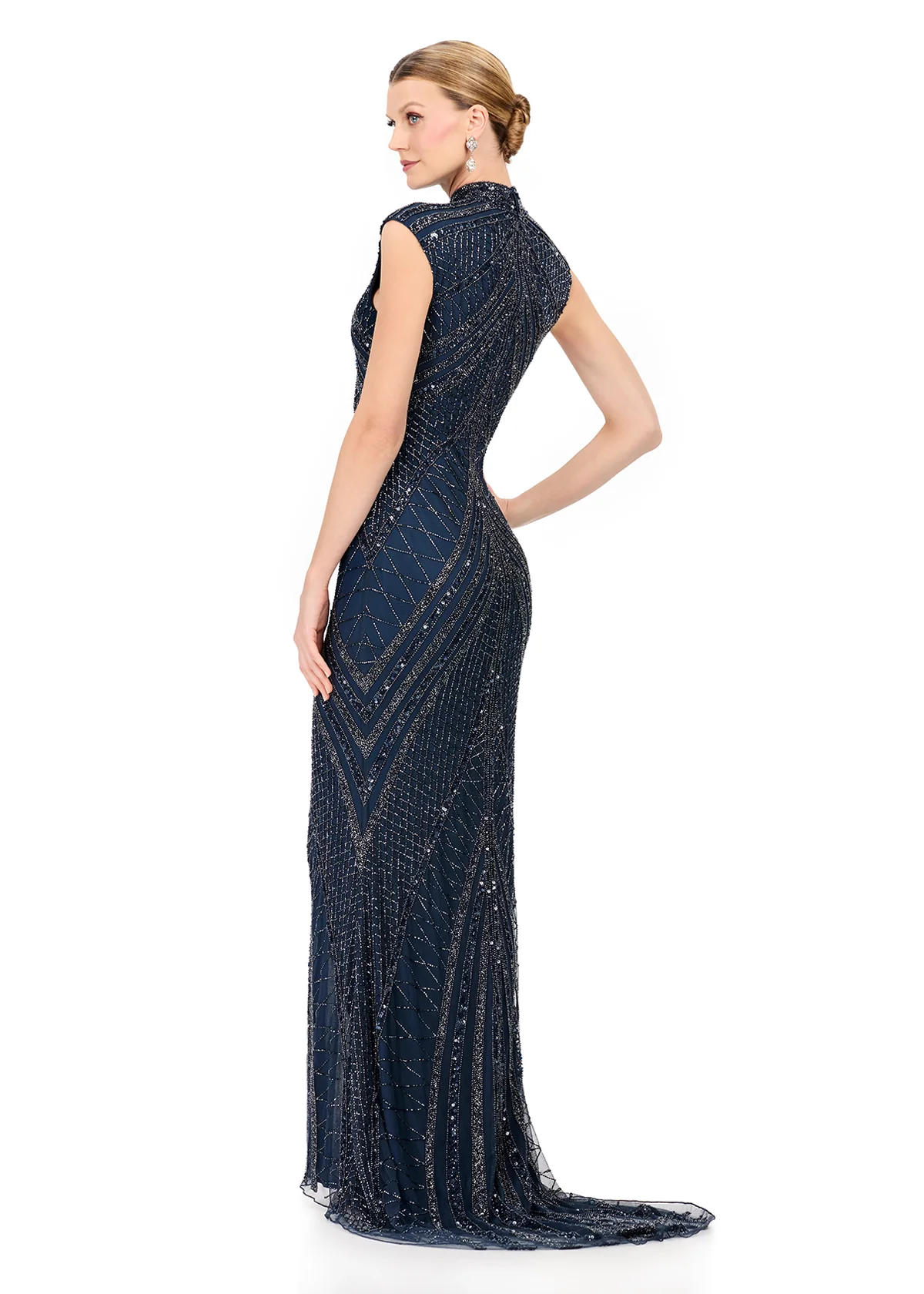 ASHLEYlauren 1624 Size 4 Black Evening Gown Center Slit Cap Sleeves - Image 2