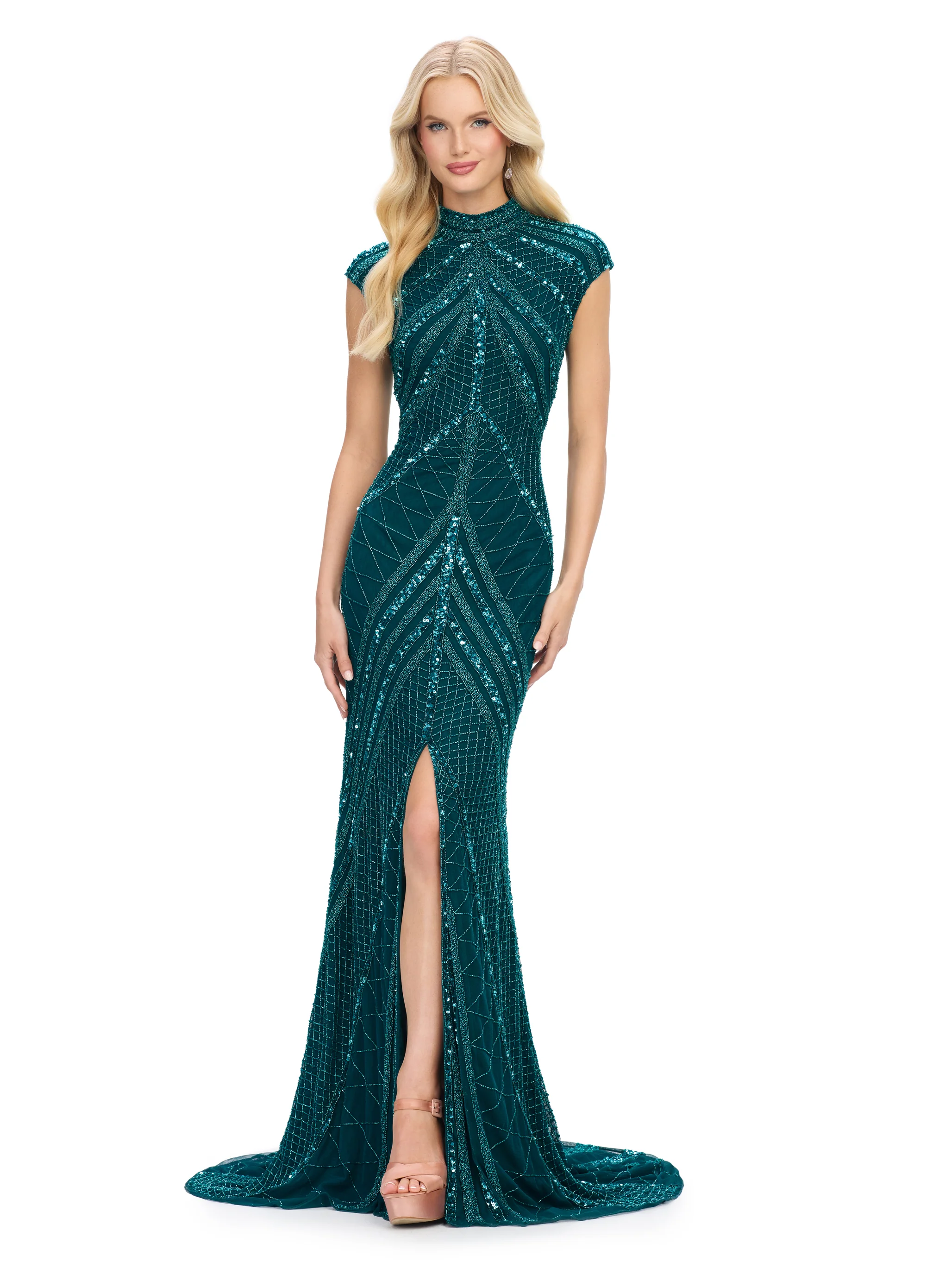 ASHLEYlauren 1624 Size 4 Black Evening Gown Center Slit Cap Sleeves - Image 44