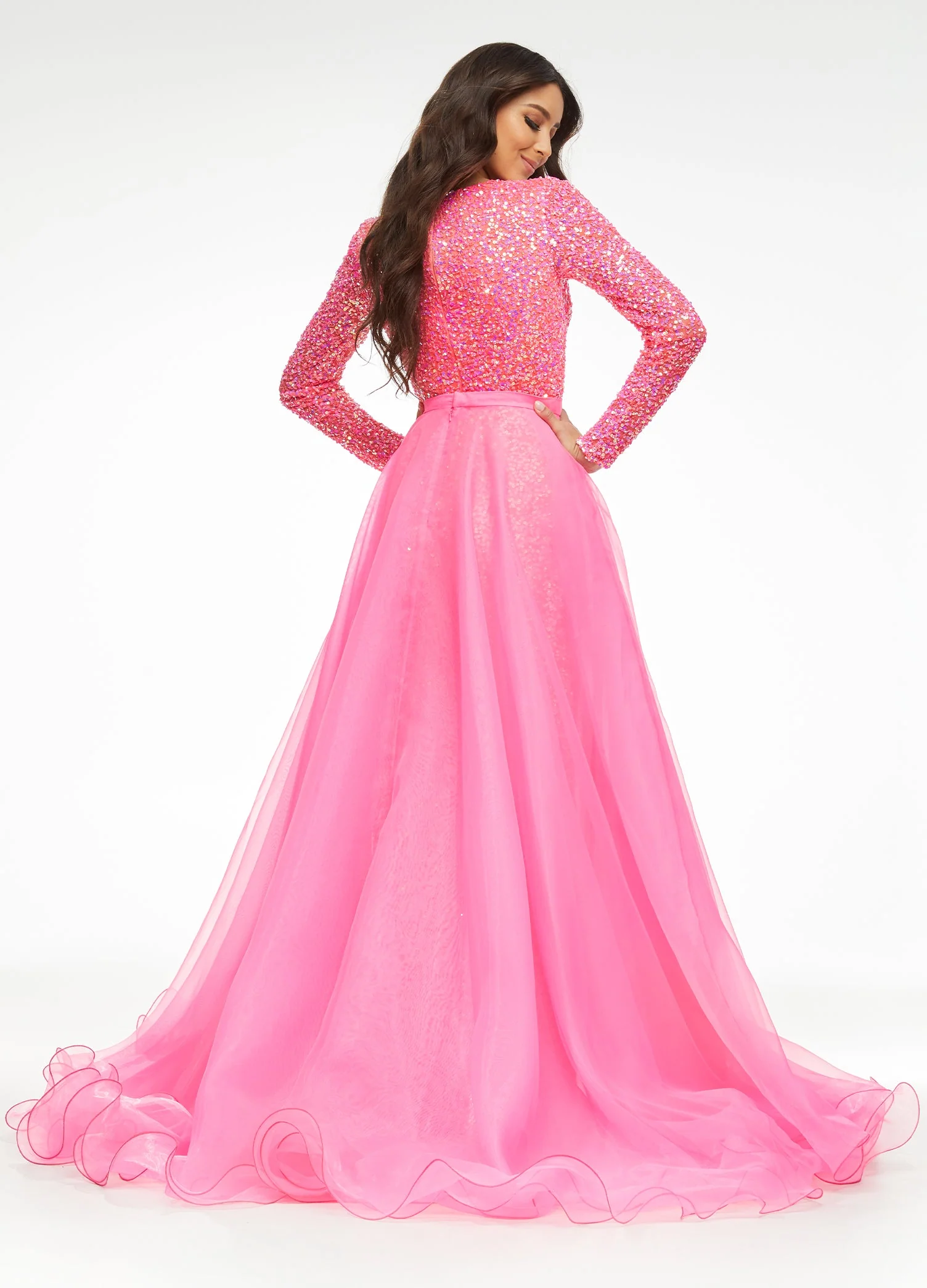 Ashley Lauren 1740 Size 4 Coral Long Organza Overskirt Wire Hem Pageant Prom Layers - Image 4