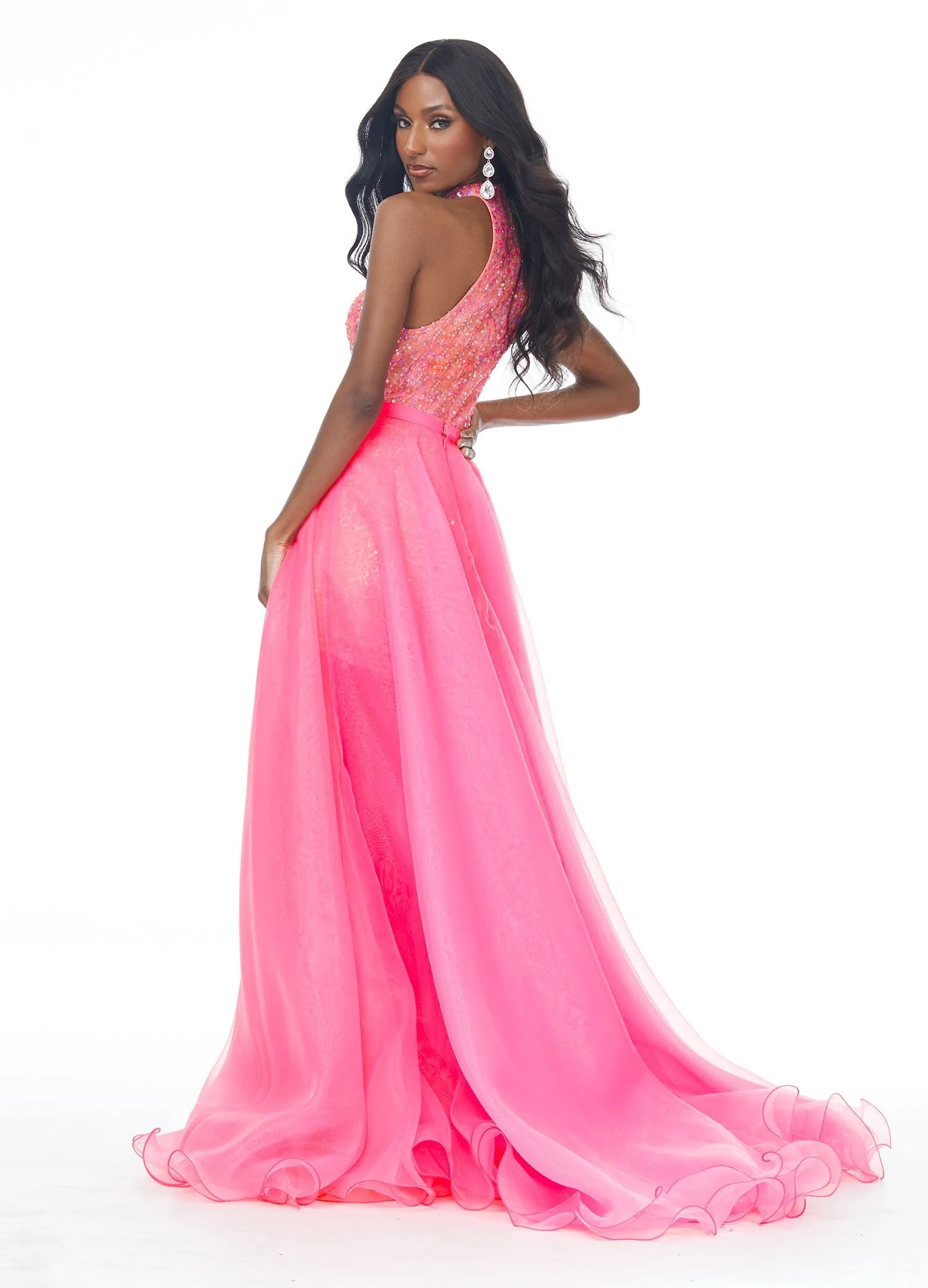 Ashley Lauren 1740 Size 4, 6 Neon Green Long Organza Overskirt Wire Hem Pageant Prom Layers - Image 13