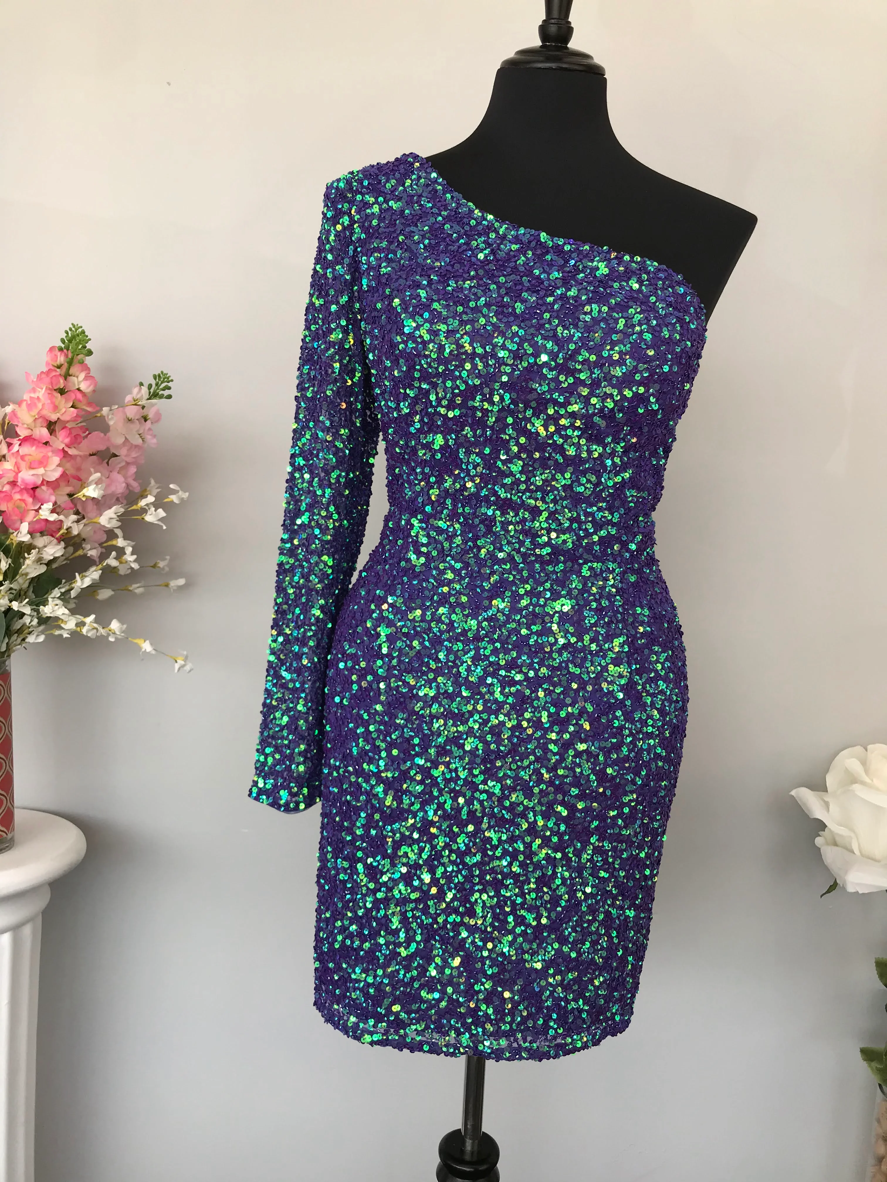 Ashley Lauren 4457 Size 00, 14 Purple Cocktail Dress Sequin Long Sleeve - Image 16