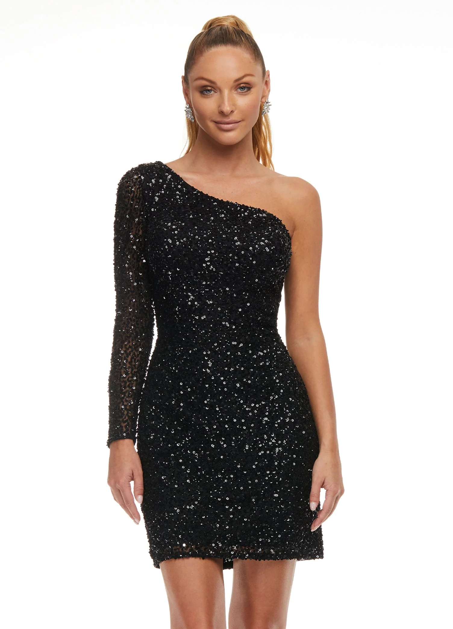 Ashley Lauren 4457 Size 00, 14 Purple Cocktail Dress Sequin Long Sleeve - Image 8