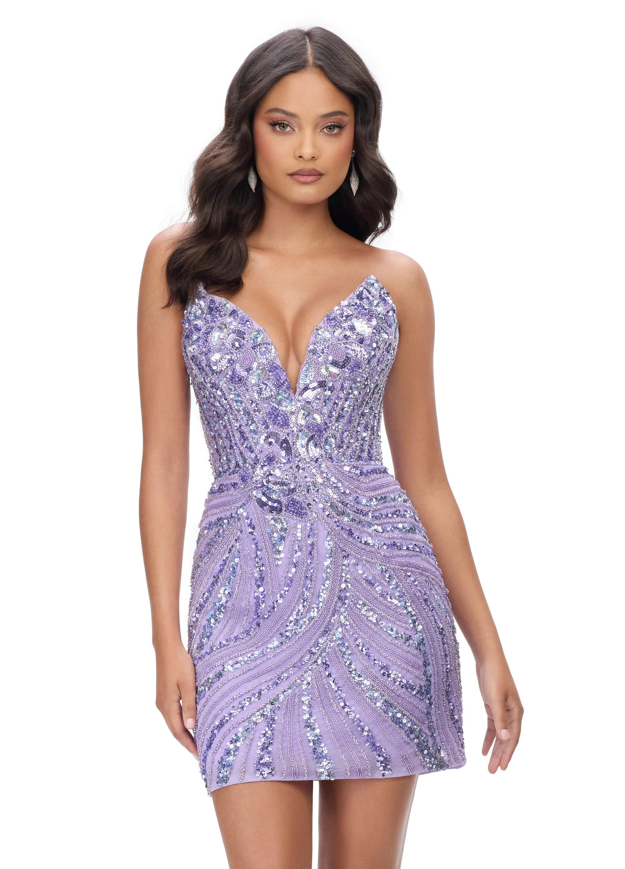 Ashley Lauren 4500 Short Cocktail Dress Peak Point V Neck Formal Beaded Sequin Gown - Image 9