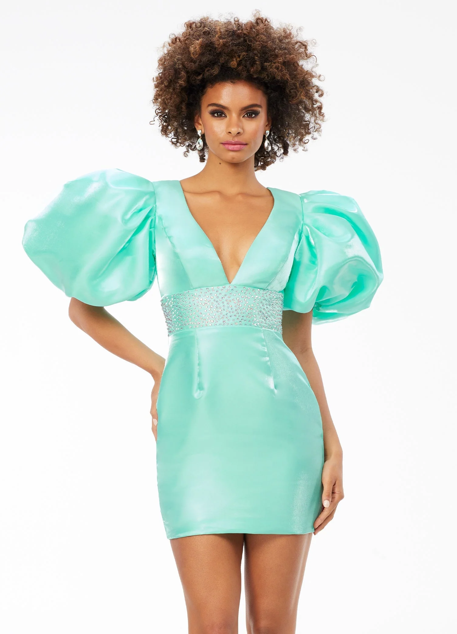 Ashley Lauren 4549 Satin Cocktail Dress Puff Sleeve - Image 14