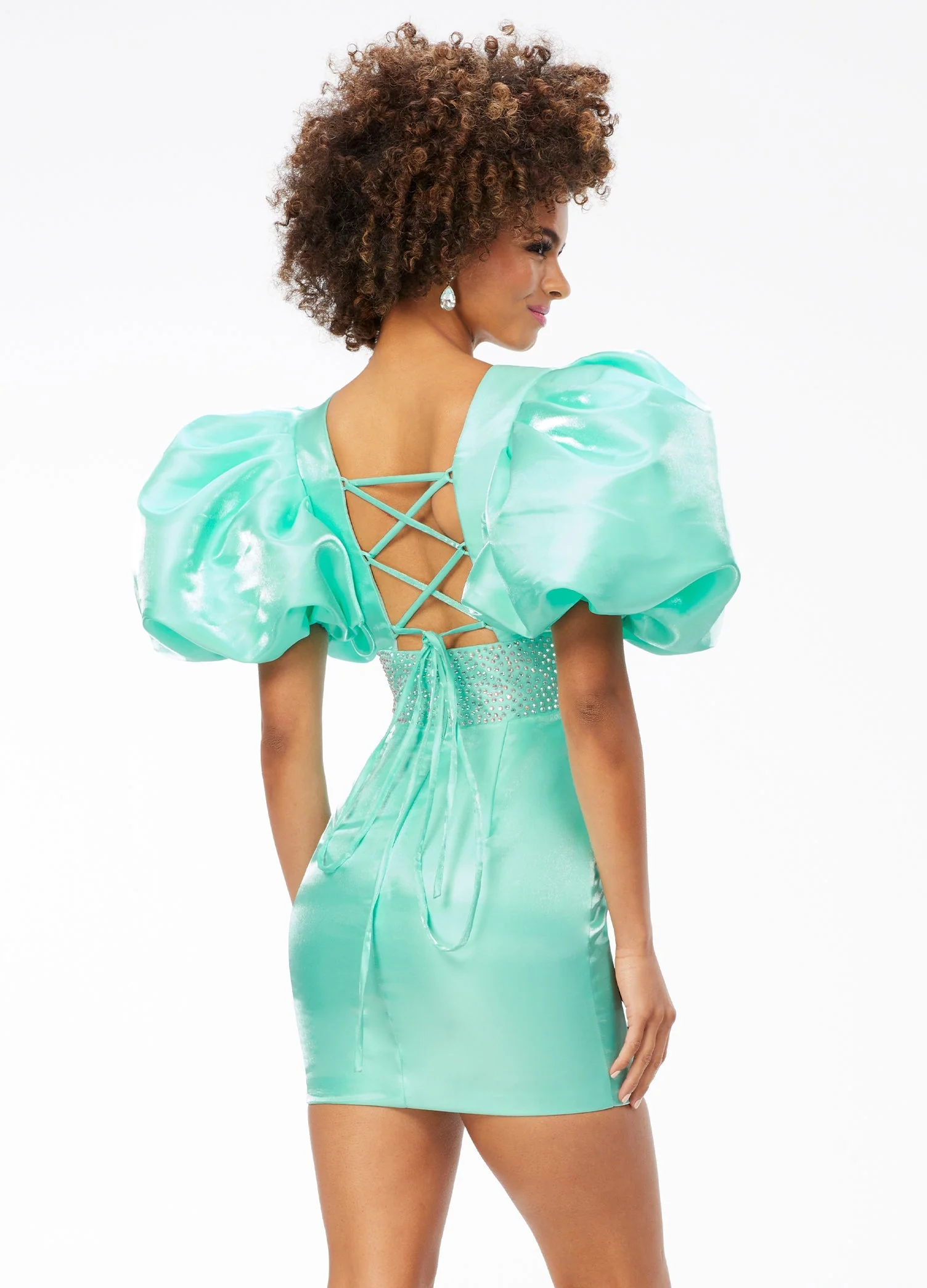Ashley Lauren 4549 Satin Cocktail Dress Puff Sleeve - Image 15