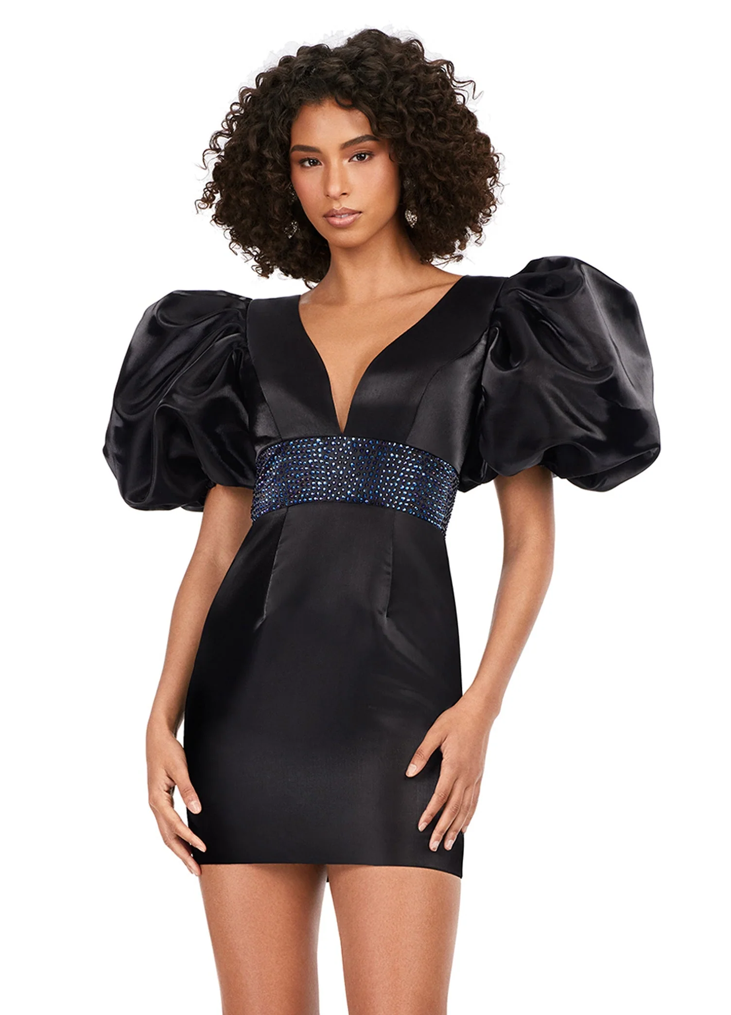 Ashley Lauren 4549 Satin Cocktail Dress Puff Sleeve - Image 2