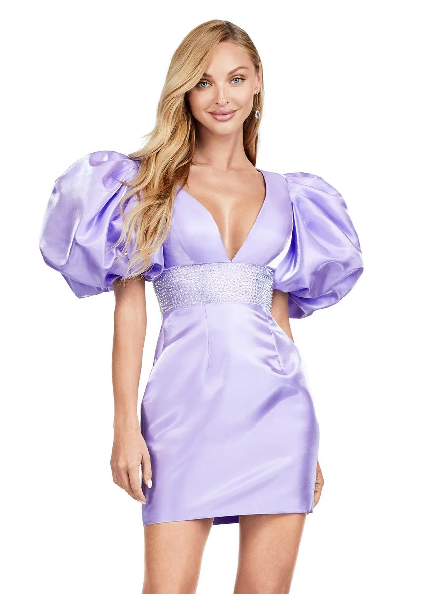 Ashley Lauren 4549 Satin Cocktail Dress Puff Sleeve - Image 3