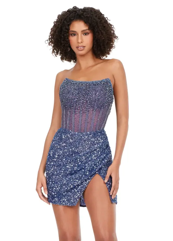 Ashley Lauren 4564 Size 14 Silver Beaded Cocktail Dress with Exposed Boning Sheer Short Wrap Skirt - Image 18