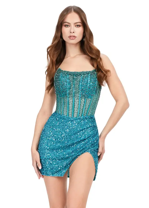 Ashley Lauren 4564 Size 14 Silver Beaded Cocktail Dress with Exposed Boning Sheer Short Wrap Skirt - Image 23