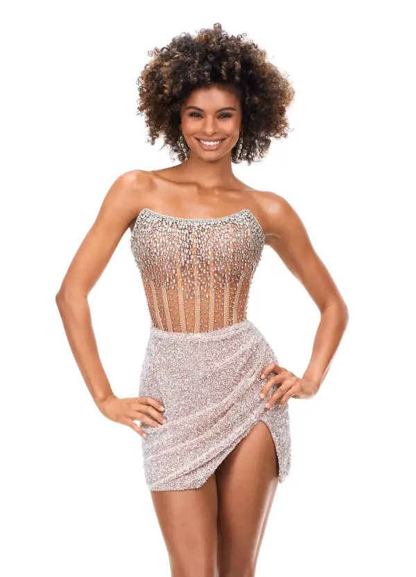 ASHLEYlauren 4564 Sequin Beaded Cocktail Dress Crystal Corset Sheer Short Homecoming - Image 14