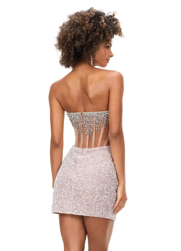 Ashley Lauren 4564 Size 16 Nude Cocktail Dress Short Sheer Beaded Maxi Slit Formal Corset Homecoming - Image 2